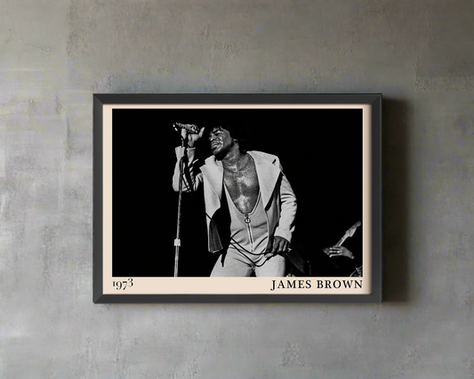 Iconic image of funk pioneer James Brown, reimagined as retro wall art by jazz and blues-inspired Dalston designers.