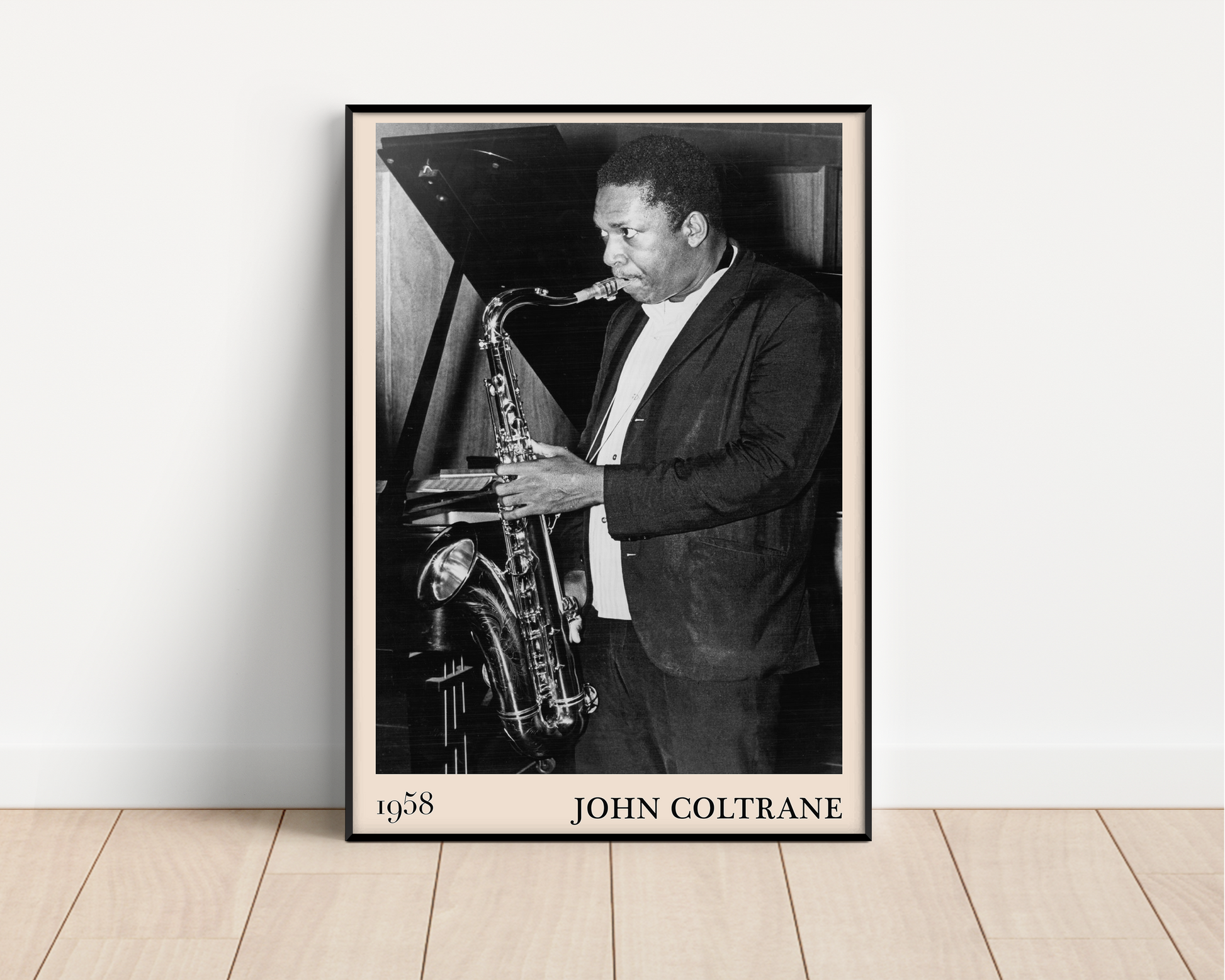 Iconic image of John Coltrane performing transformed into vintage-inspired wall decor