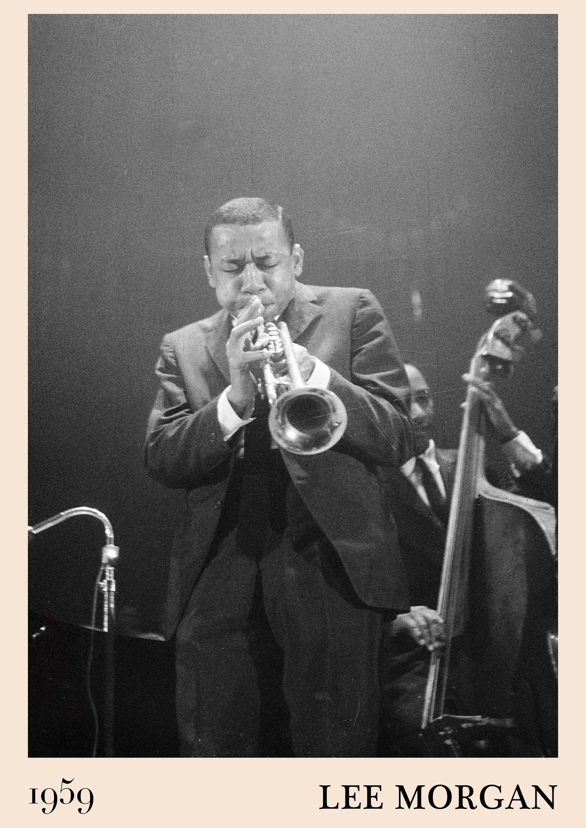 1959 photograph of Lee Morgan playing the Trumpet transformed into a stylish jazz poster on an off-white background