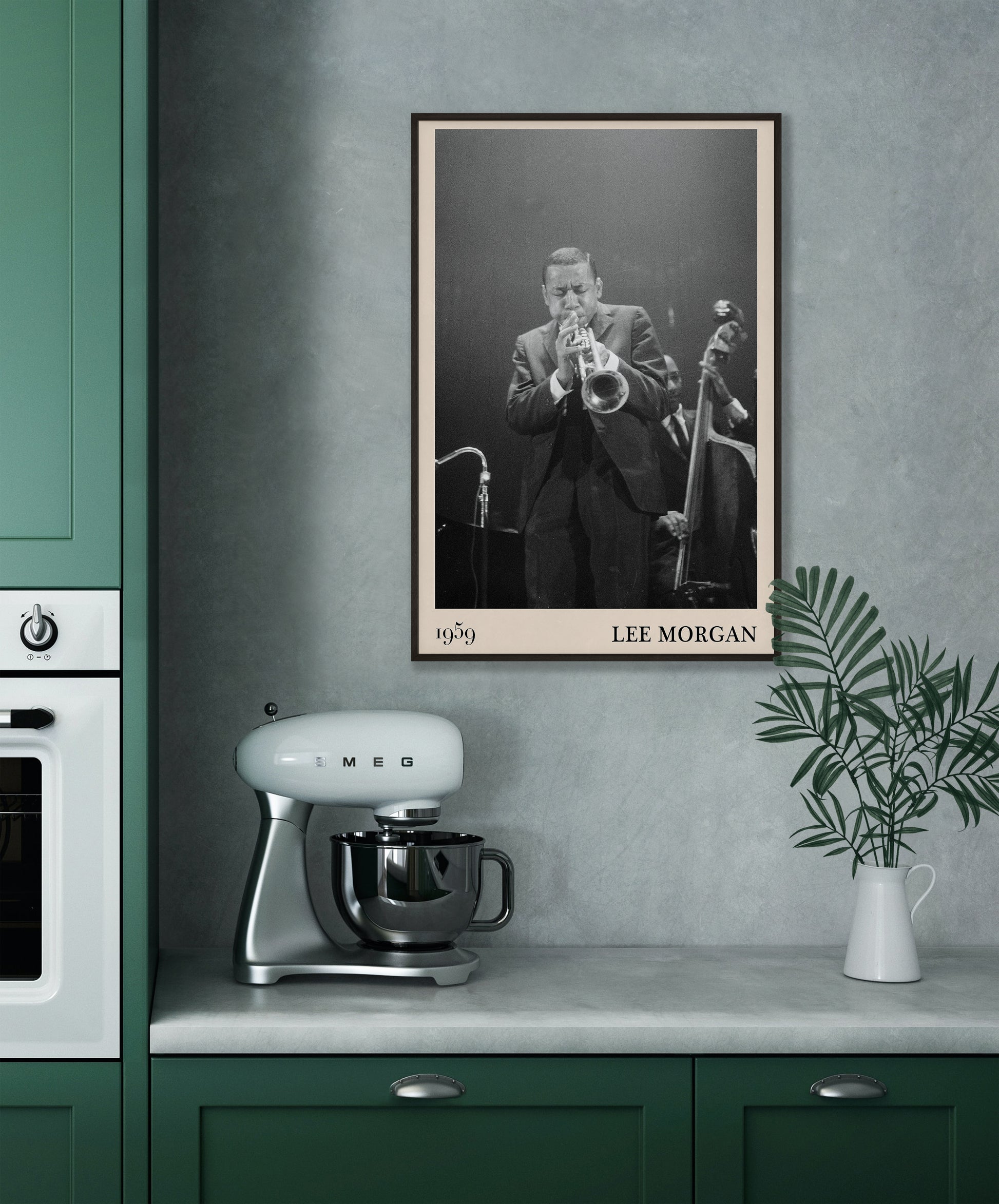 1959  photograph of Lee Morgan playing the Trumpet, transformed into a stylish black-framed jazz poster hanging on a grey kitchen wall