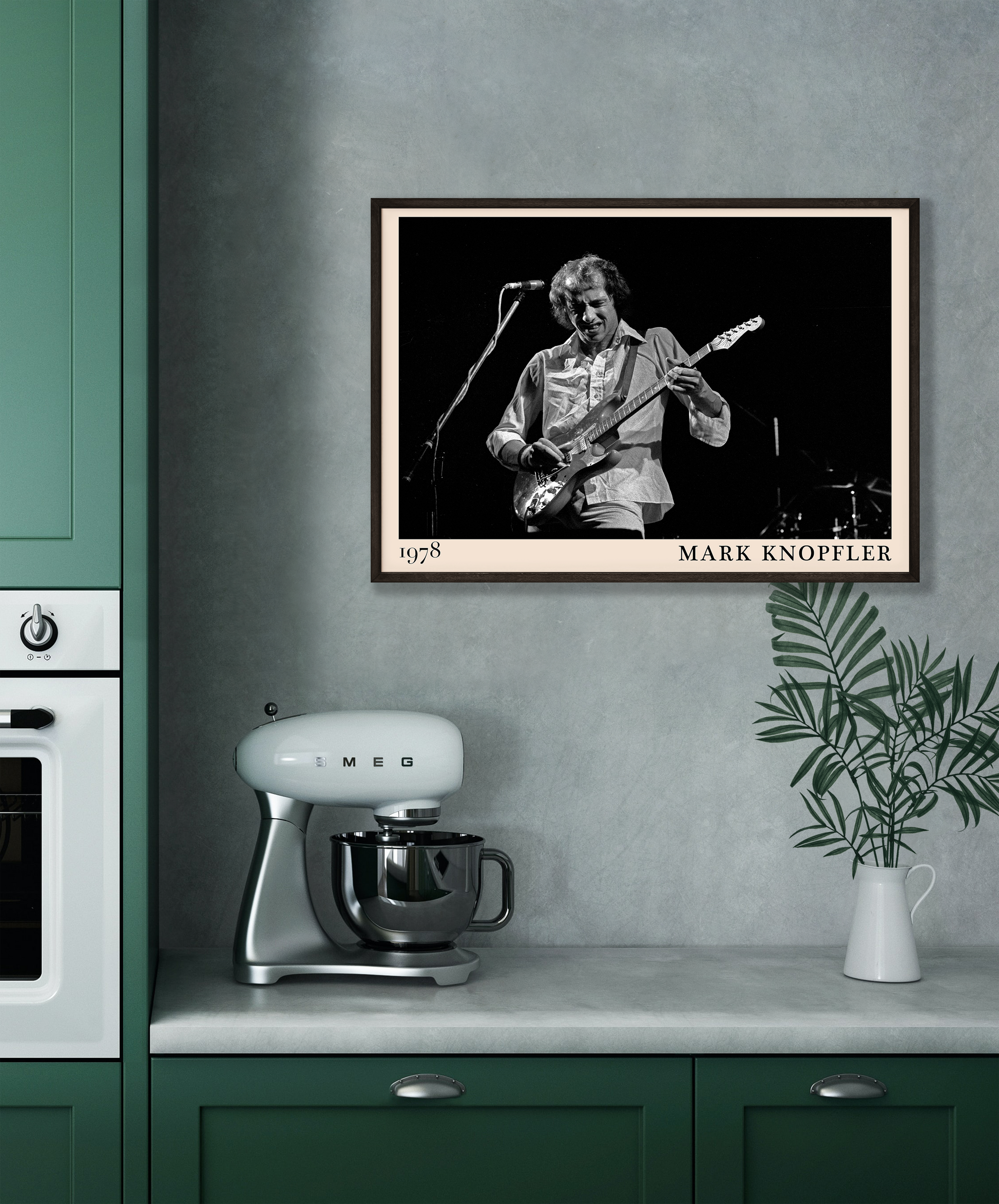 Iconic image of rock legend Mark Knopfler performing, captured by Heinrich Klaffs in 1978 and transformed into vintage-inspired wall decor hanging on a grey kitchen wall