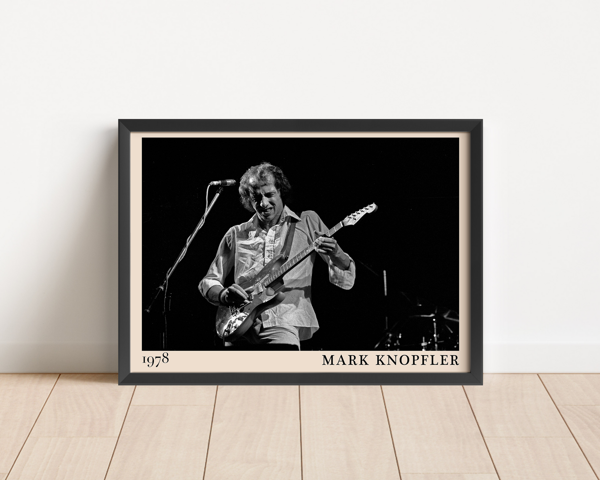 Iconic image of rock legend Mark Knopfler performing, captured by Heinrich Klaffs and transformed into vintage-inspired wall decor