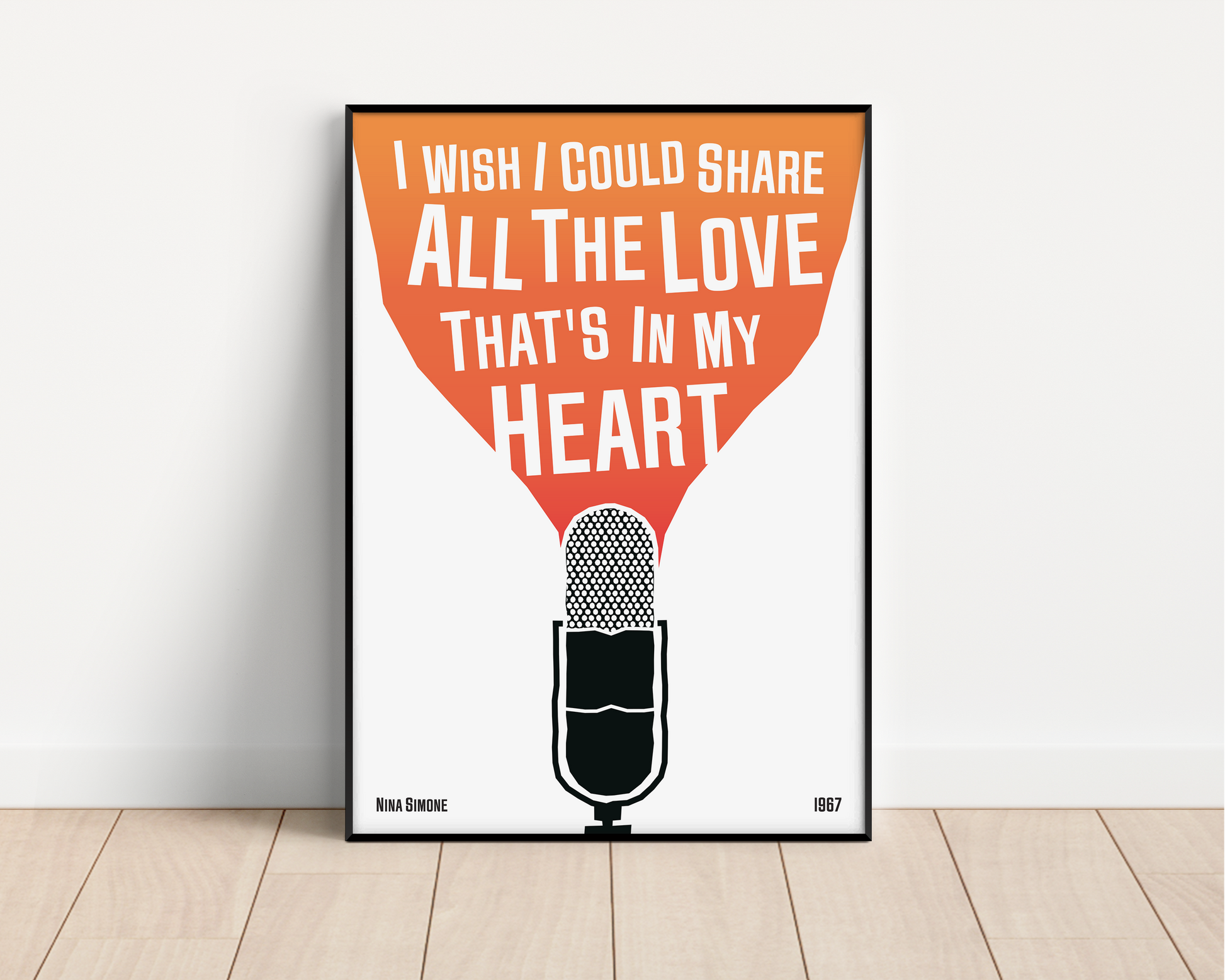 Cool jazz music poster with microphone design, featuring a Nina Simone Lyric. Retro black frame print, leaning against a white wall, perfect home decor.