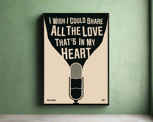 Cool jazz music poster with microphone design, featuring a Nina Simone Lyric. Retro black frame print, leaning against a white wall, perfect home decor.