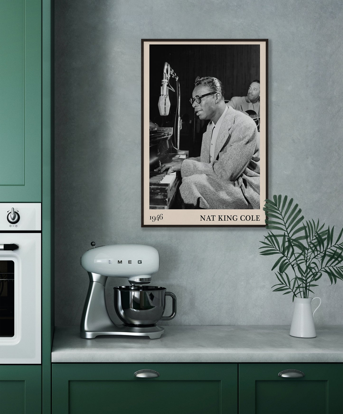 1946 picture of Nat King Cole playing a piano and singing. Picture crafted into a cool black framed music poster, with an off-white border. Poster is hanging on a grey kitchen wall