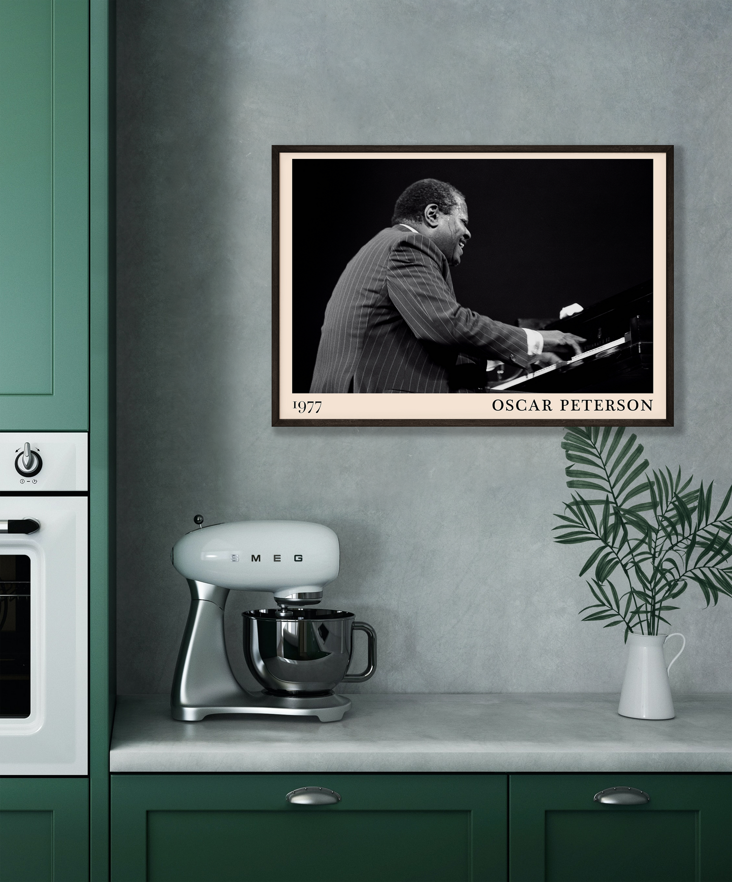 1977 photograph of Oscar Peterson taken by Thomas Marcello. Picture crafted into a cool black framed jazz print, with an off-white border. Poster is hanging on a grey kitchen wall