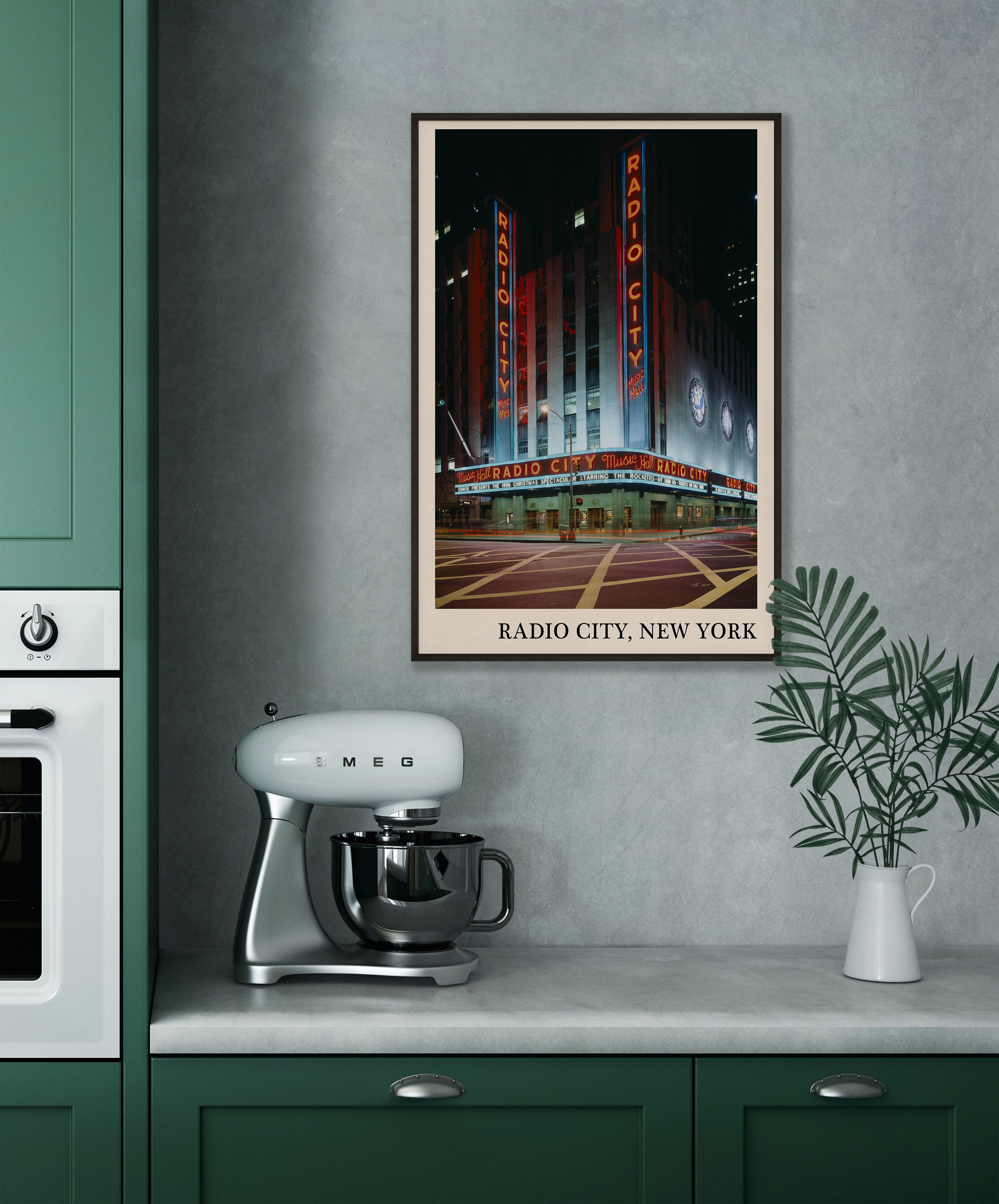 Iconic photo of Radio City in New York captured in a retro black framed jazz venue print, hanging on a grey kitchen wall