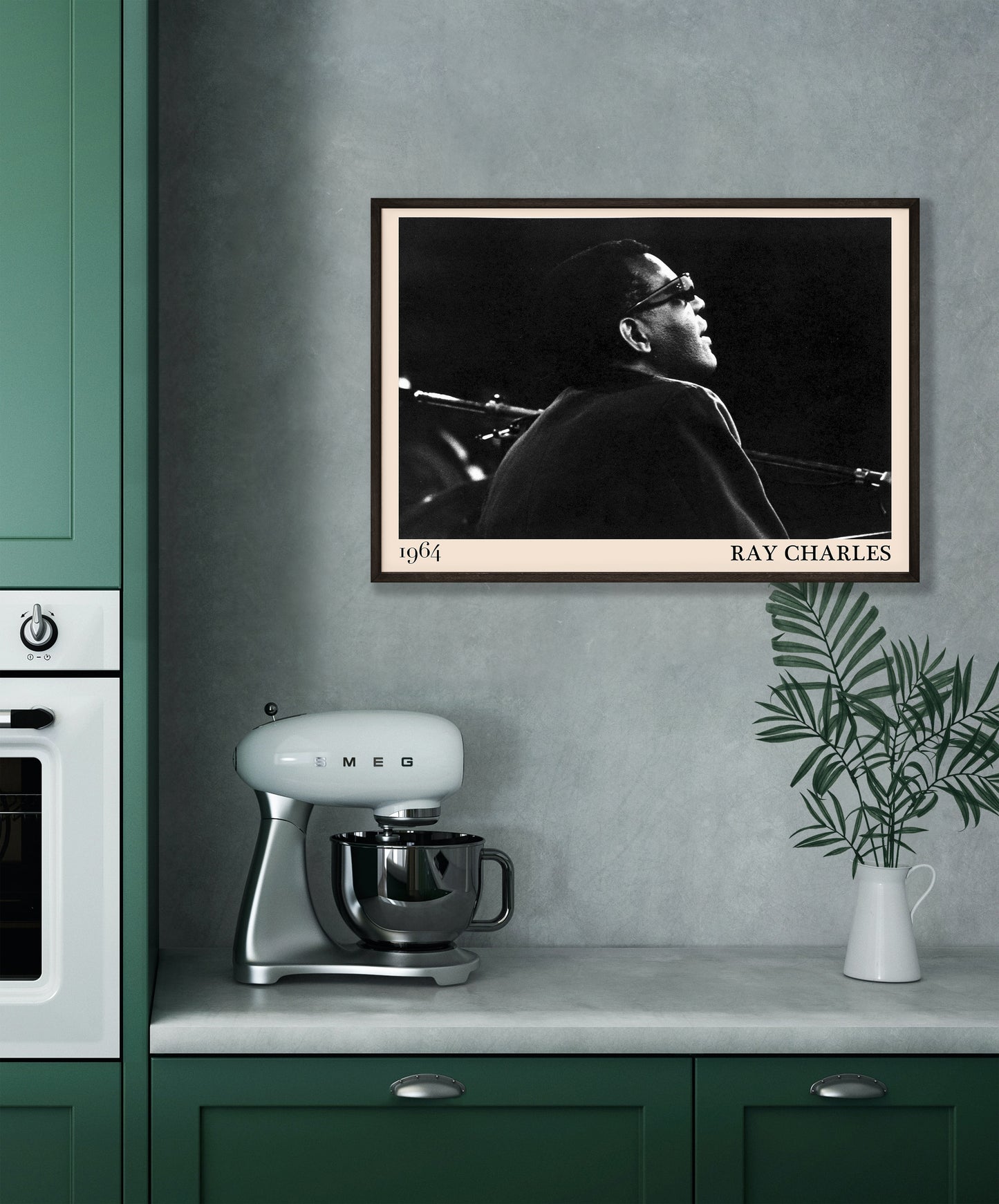  1964 photograph of blues legend Ray Charles, transformed into a retro black-framed poster hanging on a green kitchen wall