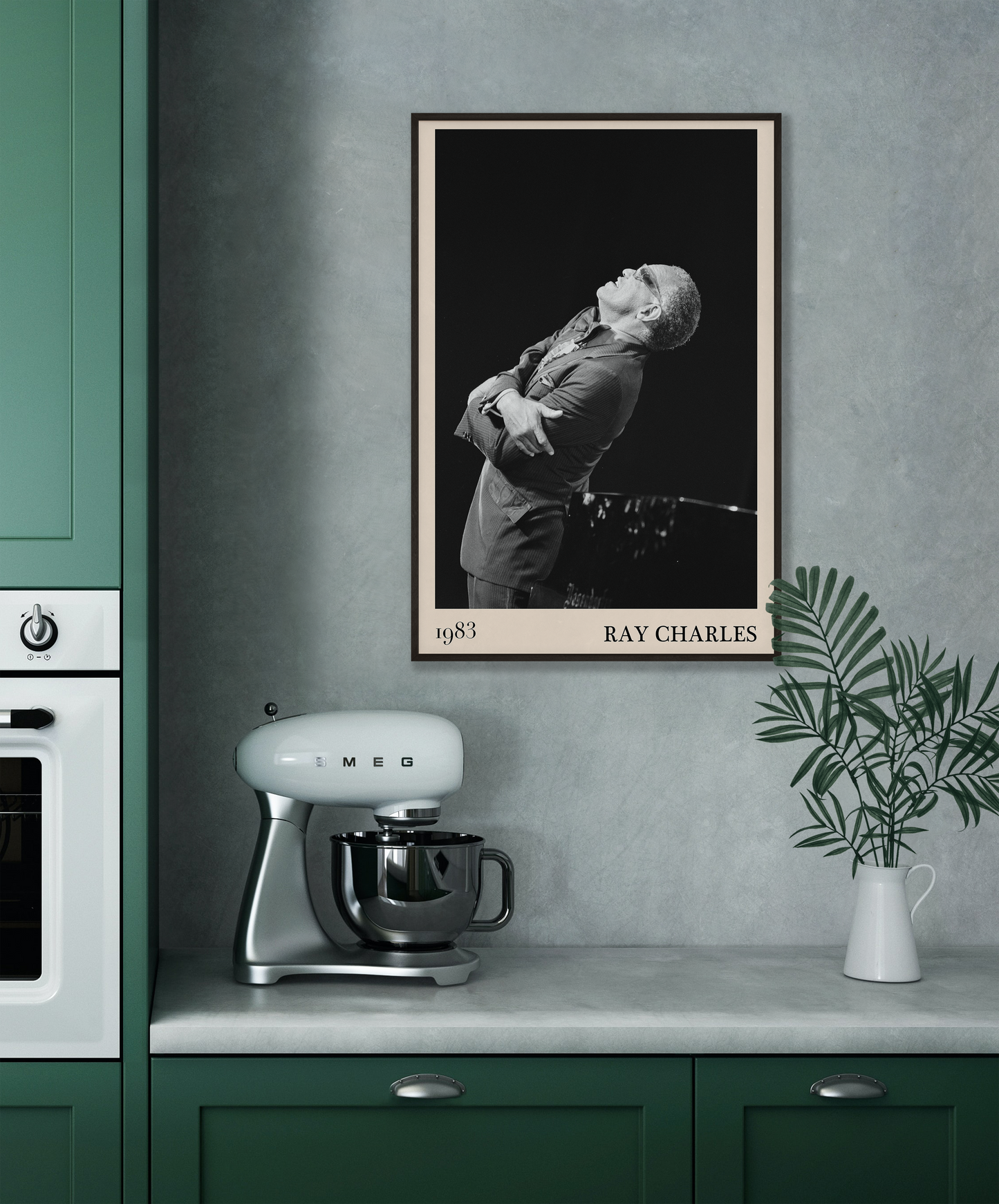 1983 photograph of Ray Charles singing, transformed into a stylish black-framed jazz poster leaning on grey kitchen wall