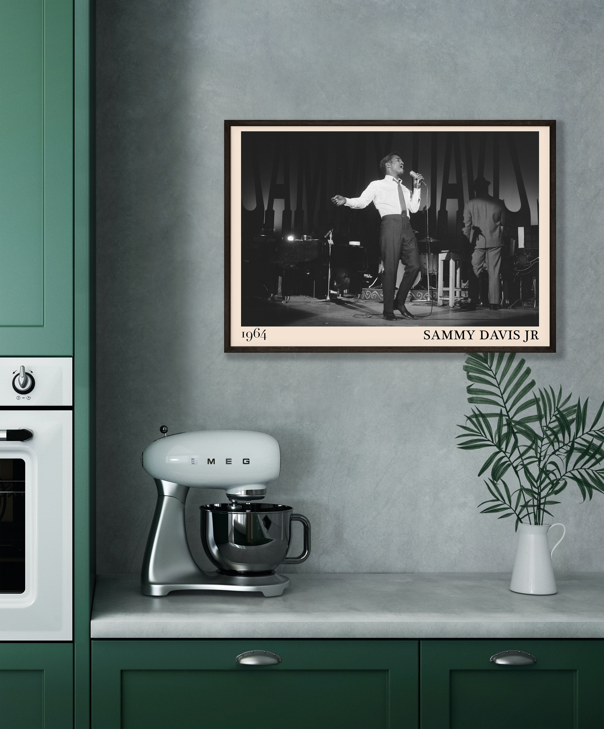 1964 picture of Sammy Davis Jr singing.Picture crafted into a cool black framed music print, with an off-white border. Poster is hanging on a grey kitchen wall.