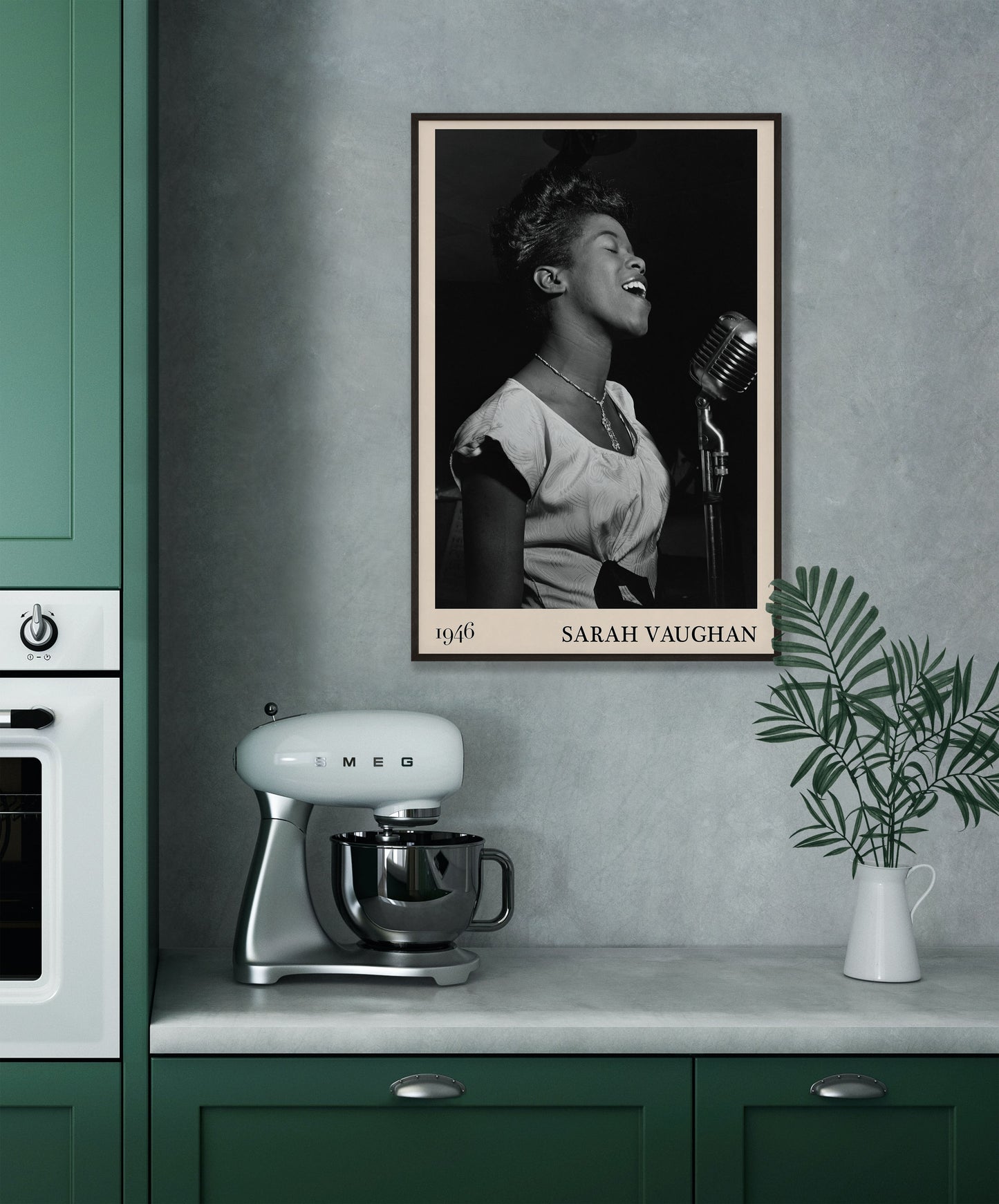 1946 photograph of Sarah Vaughan crafted into a vintage black framed jazz poster. The poster is hanging on a grey kitchen wall.