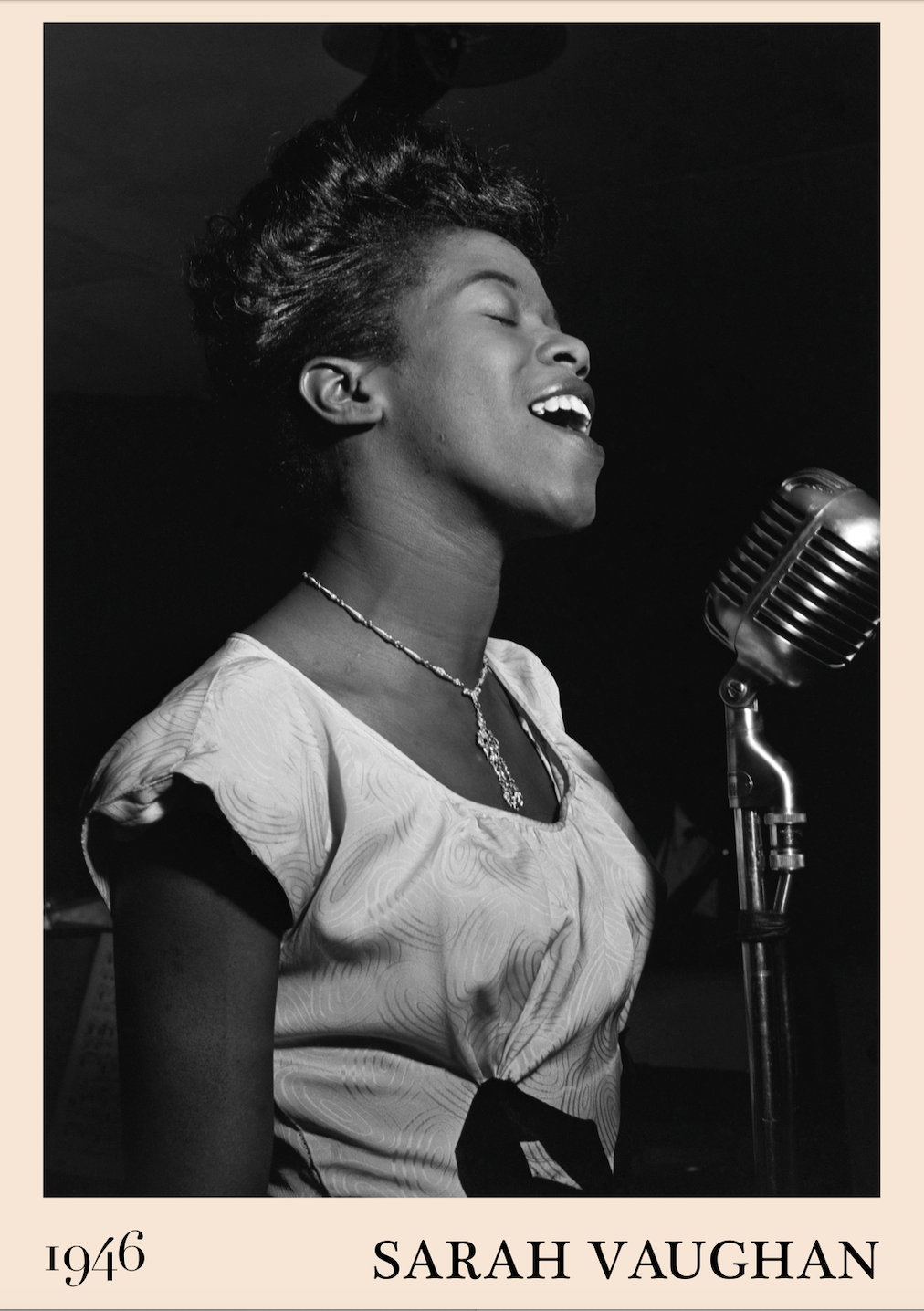 1946 photograph of Sarah Vaughan crafted into a retro black jazz poster with an off-white border