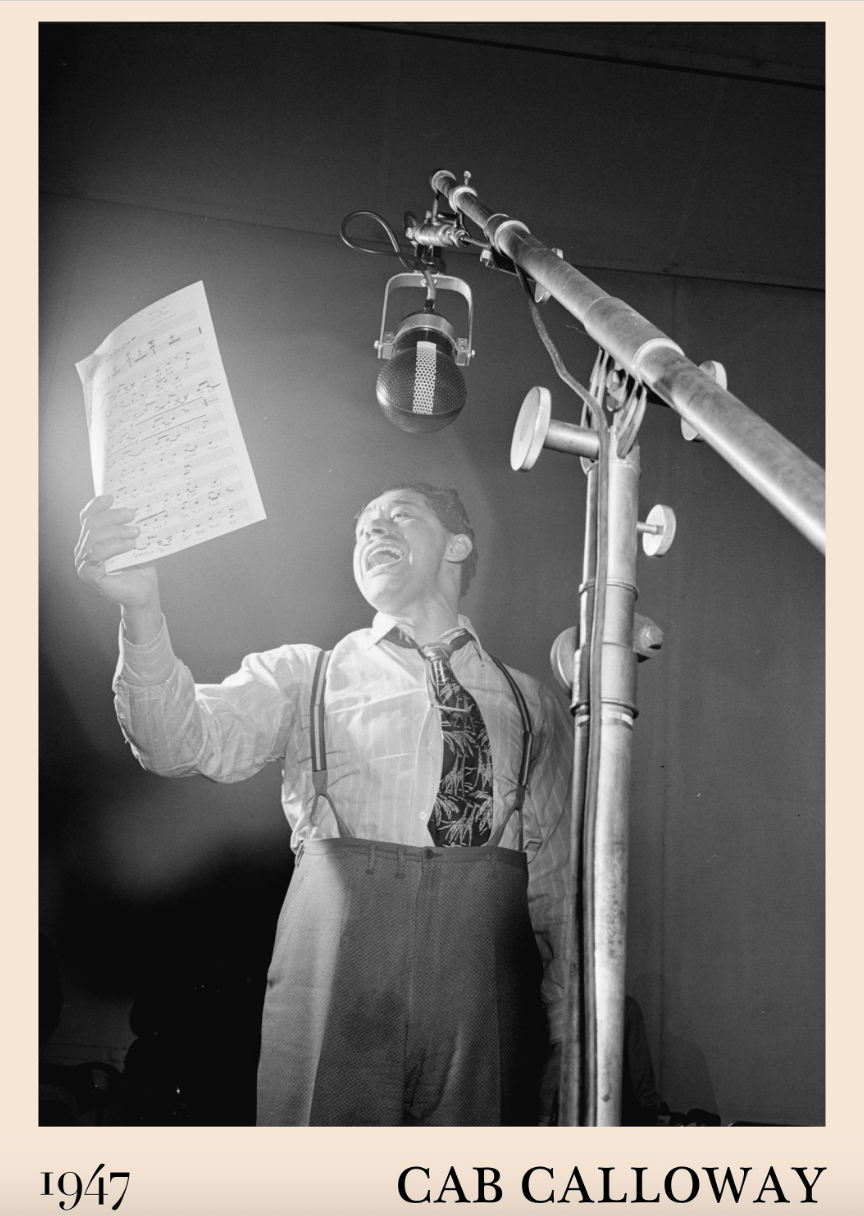 1947 photo of Cab Calloway holding a score and singing, crafted into a jazz poster