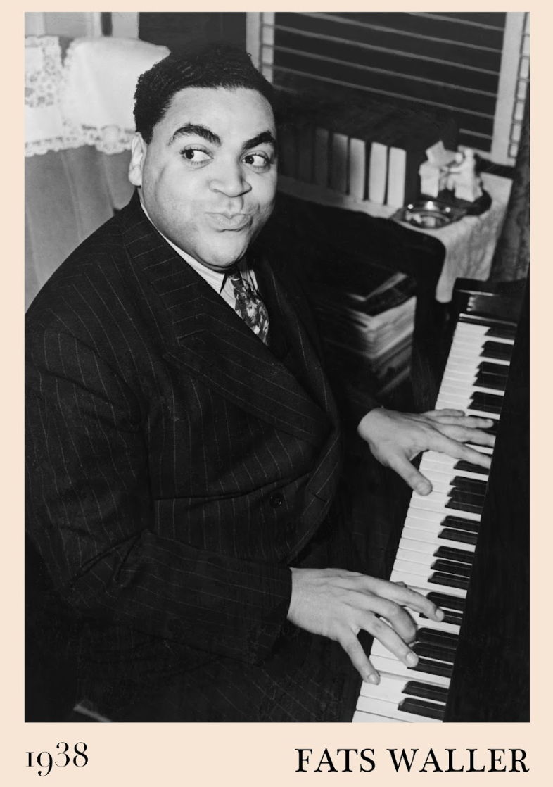 1938 photograph of Fats Waller crafted into a retro jazz poster with an off-white border