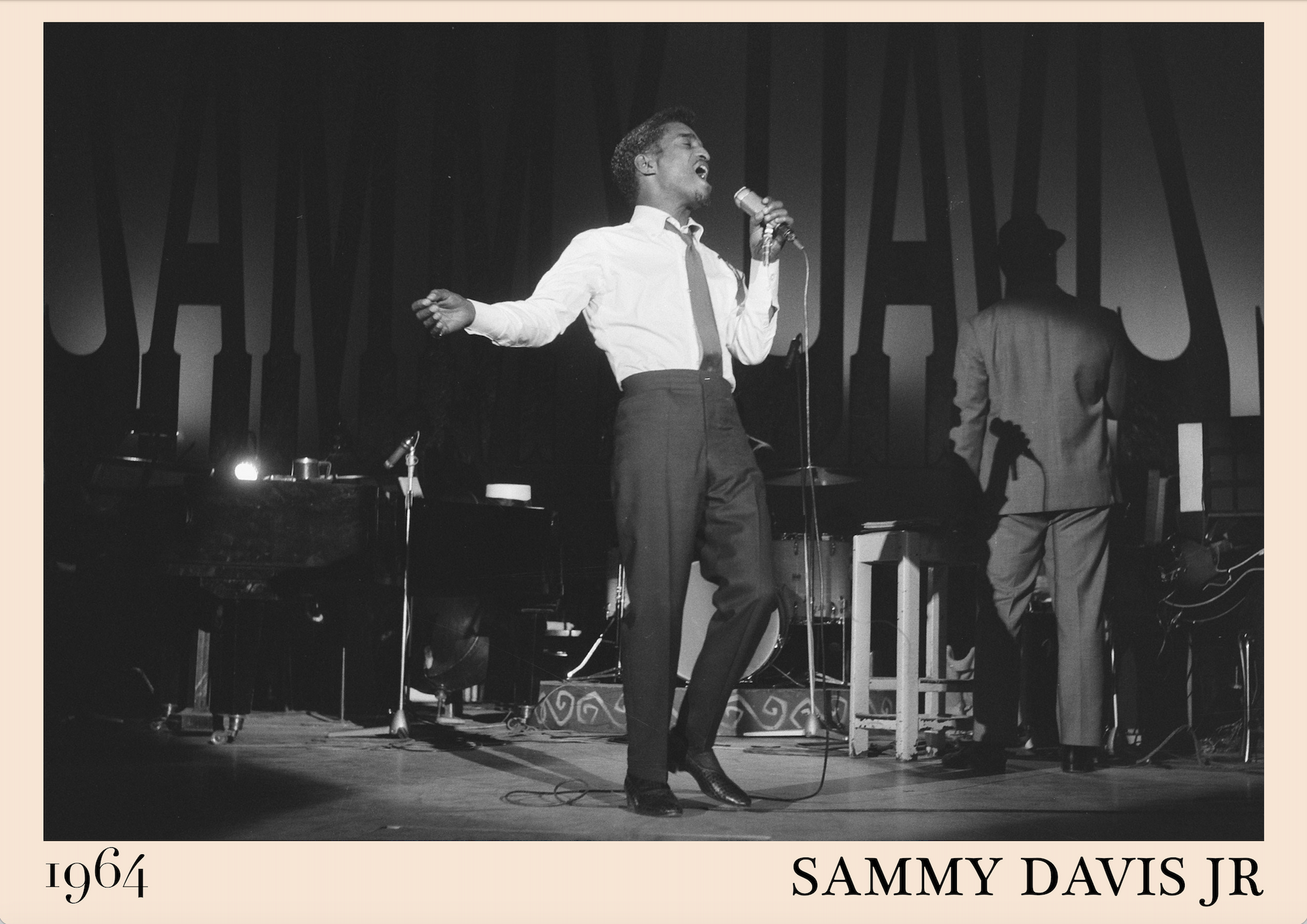 1964 picture of Sammy Davis Jr singing. Picture crafted into a cool jazz print, with an off-white border.
