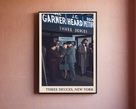 Iconic photo of the Three Deuces in New York captured in a retro black framed jazz poster, leaning against a white wall