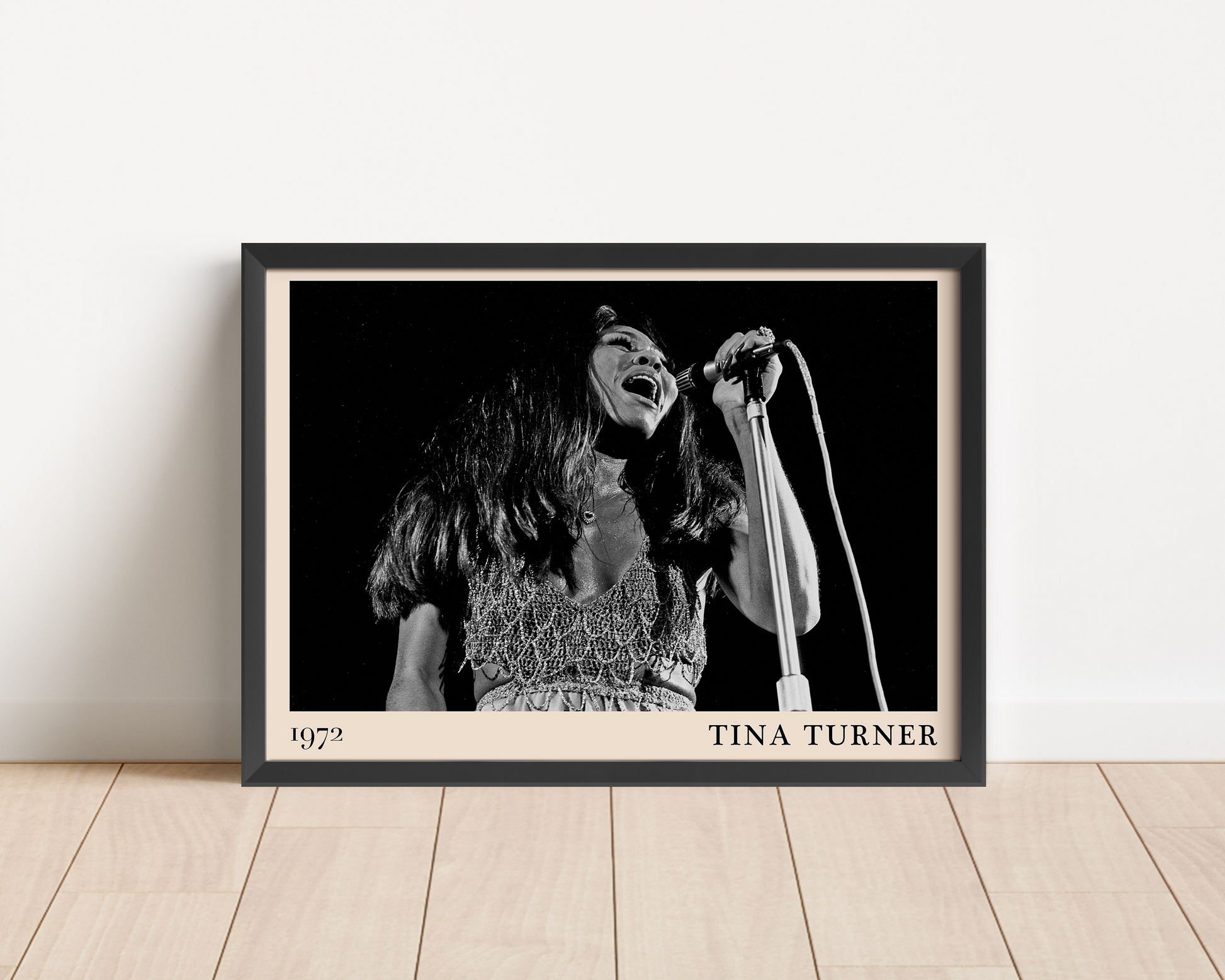 Iconic image of rock and soul legend Tina Turner performing, captured by Heinrich Klaffs and transformed into vintage-inspired wall decor.