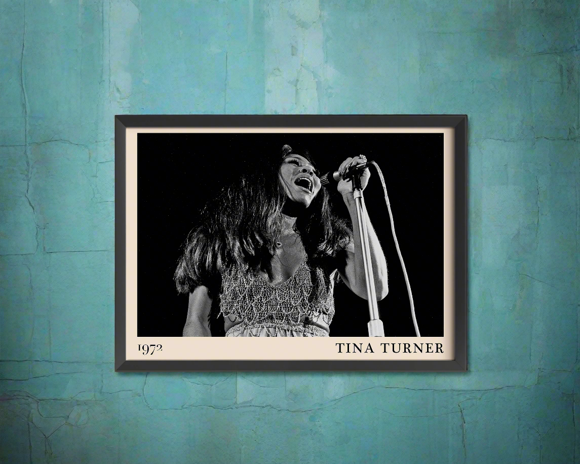 Iconic image of rock and soul legend Tina Turner performing, captured by Heinrich Klaffs and transformed into vintage-inspired wall decor