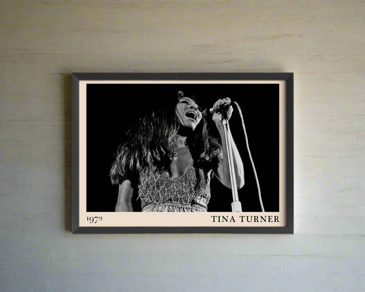Iconic image of rock and soul legend Tina Turner performing, captured by Heinrich Klaffs and transformed into vintage-inspired wall decor.