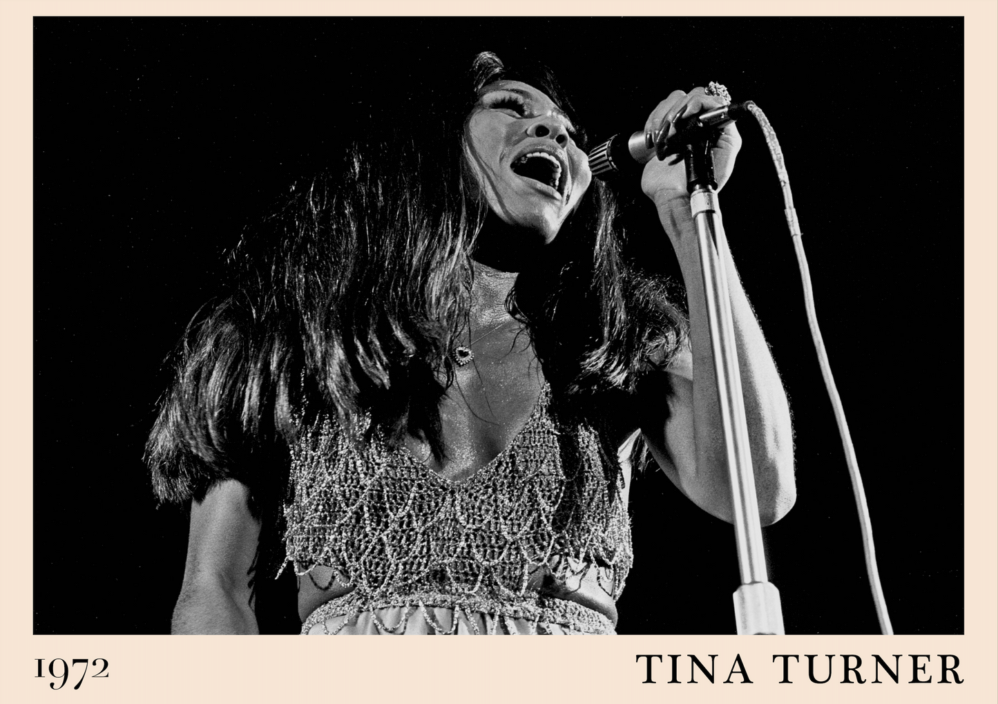 Iconic image of rock and soul legend Tina Turner performing, captured by Heinrich Klaffs and transformed into vintage-inspired wall decor