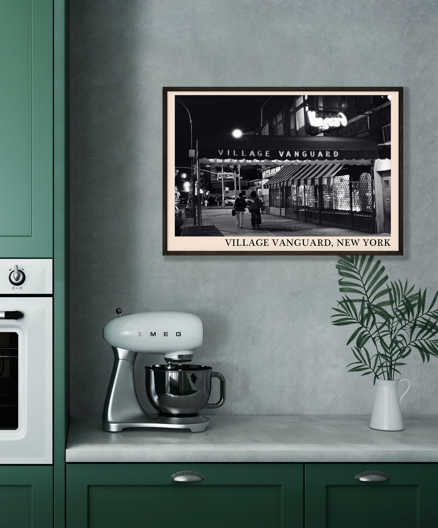 Iconic photo of Village Vanguard in New York taken by Thomas Marcello and captured in a retro black framed jazz print, hanging on a grey kitchen wall