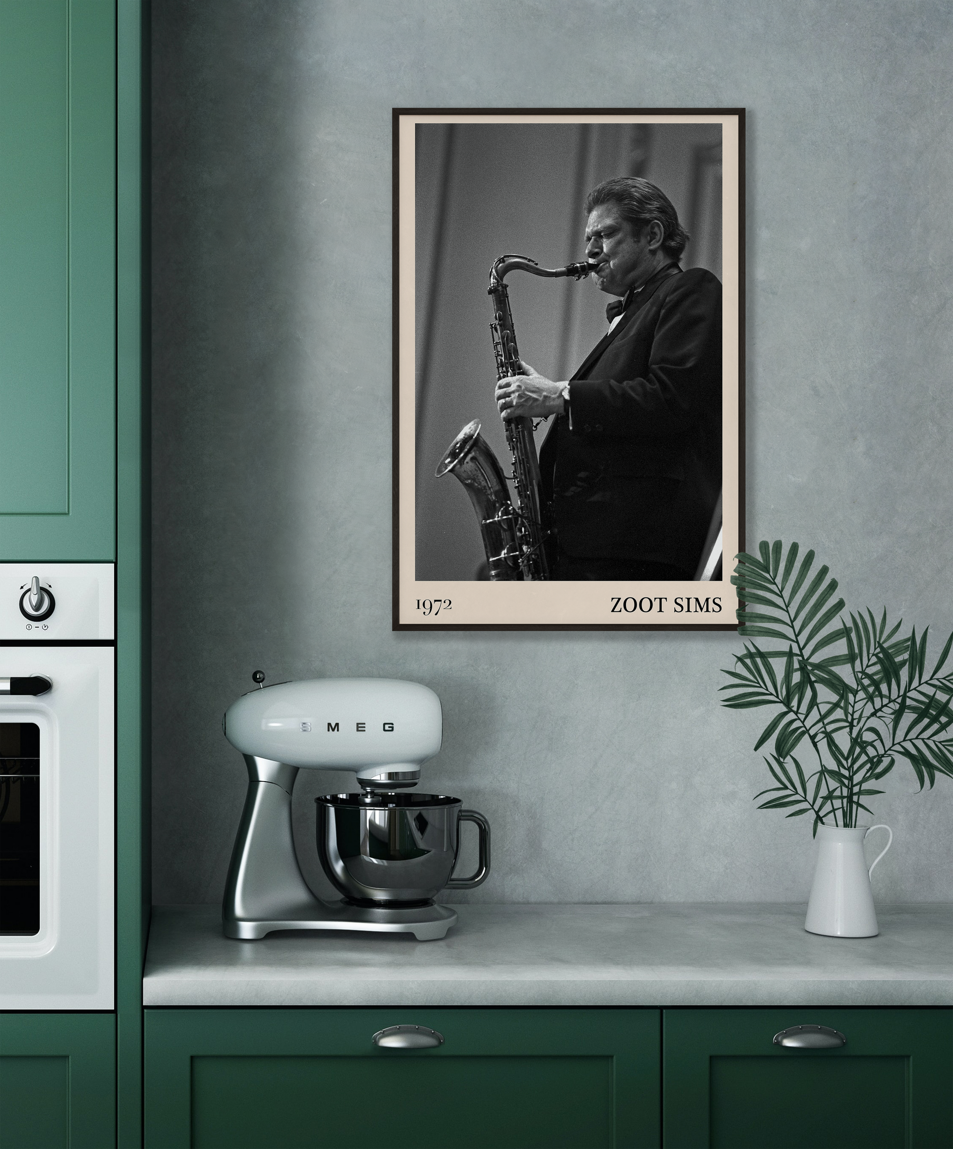 1972 photo of the Zoot Sims crafted into a black framed-poster, hanging on a grey kitchen wall