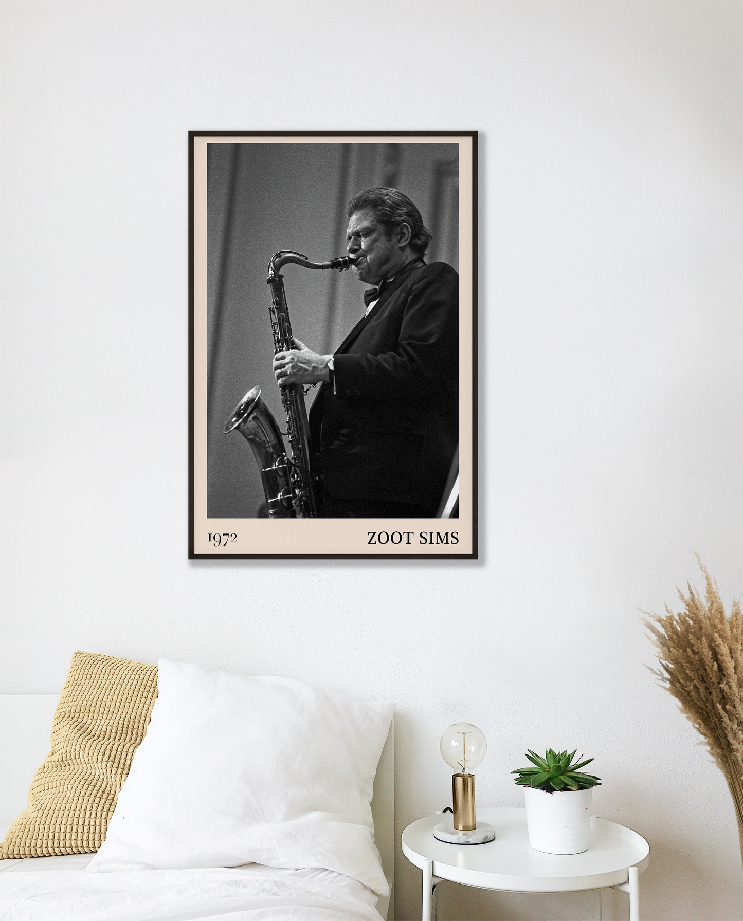 1972 photo of the Zoot Sims crafted into a black framed-poster, hanging on a white bedroom wall