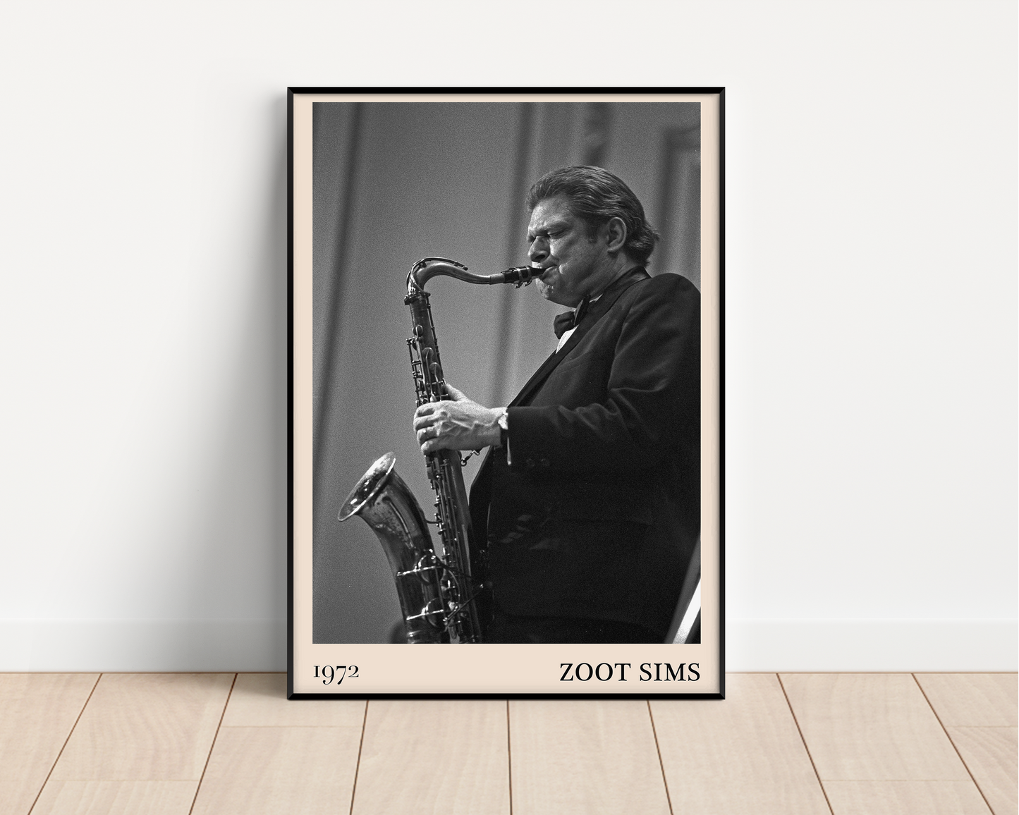 1972 photo of the Zoot Sims crafted into a black framed-poster, leaning against a white wall