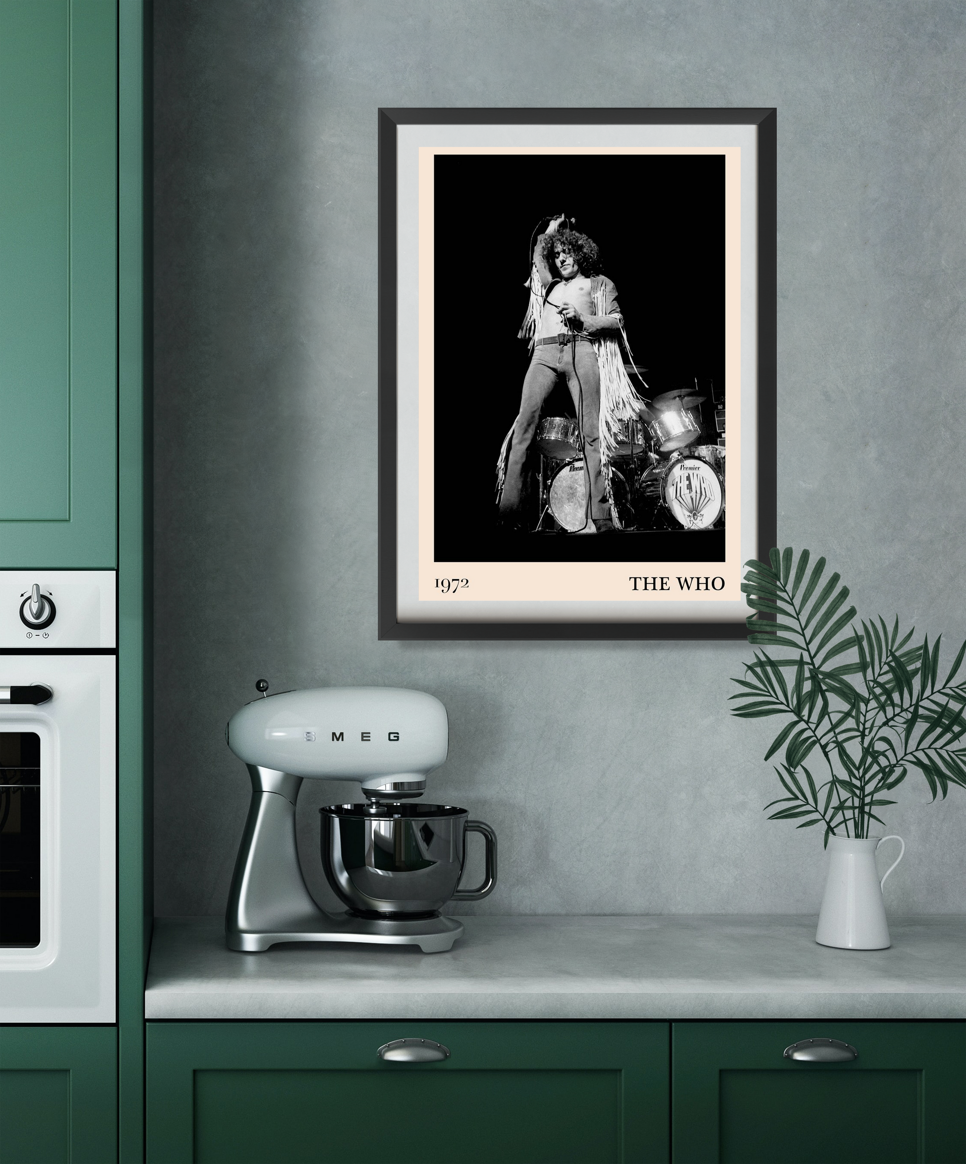 The Who vintage concert poster in a black frame, 1972 design, displayed in a modern kitchen with green cabinets and mixer.
