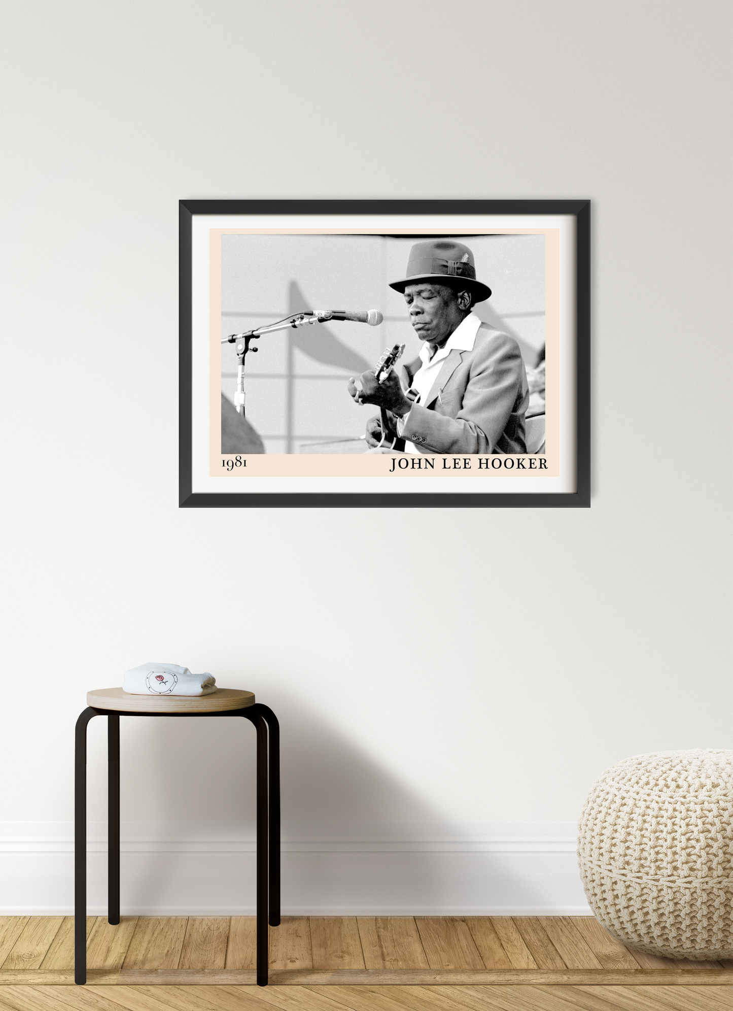 John Lee Hooker Blues Poster in landscape 7 mount mockup, black and white design framed on a modern living room wall.