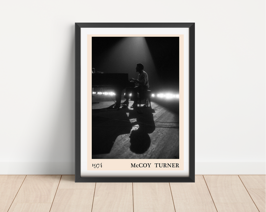 McCoy Turner Jazz Concert Poster in portrait mount mockup, featuring a black and white piano silhouette on wood floor.