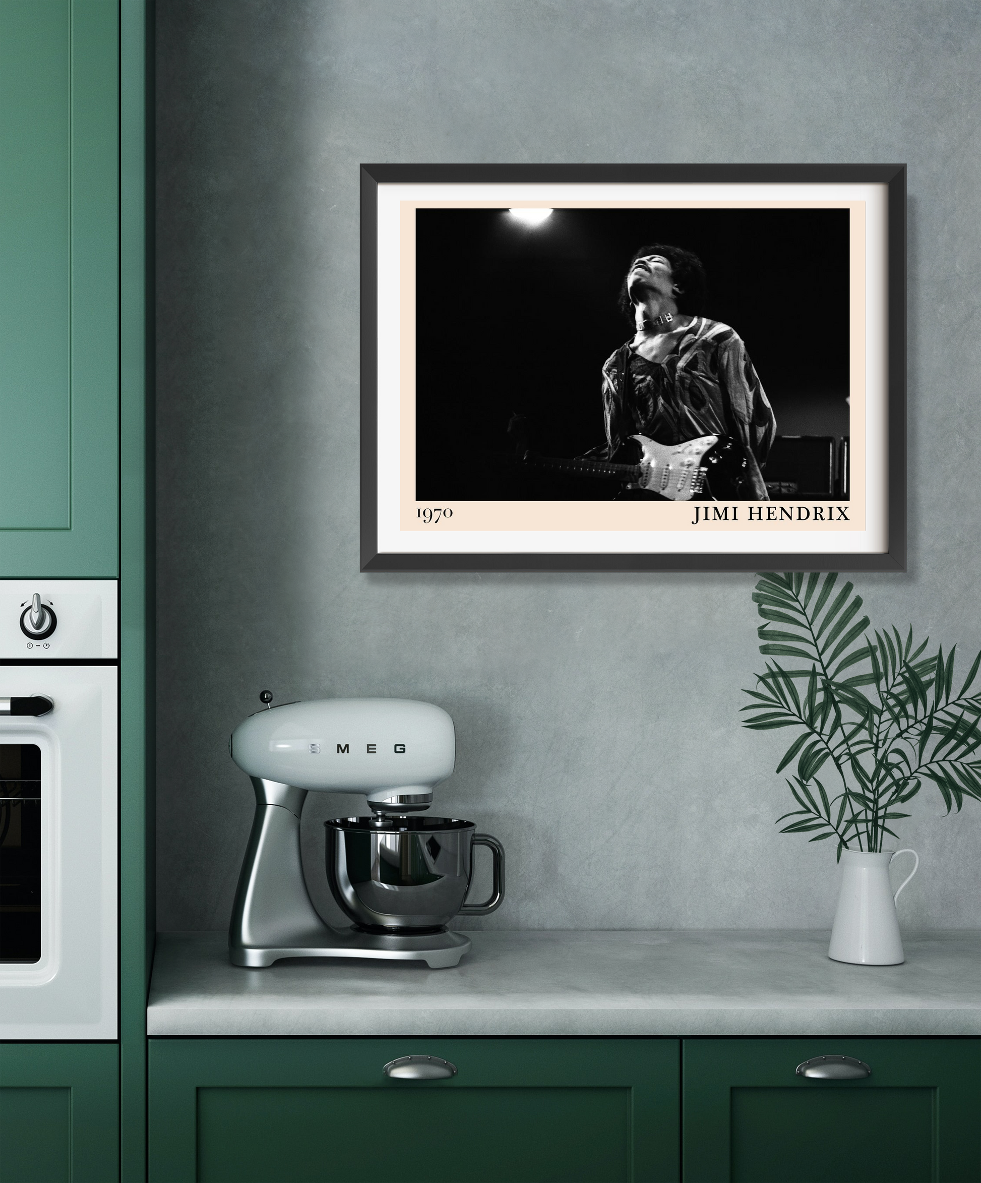 Jimi Hendrix vintage concert poster in landscape 22 mount mockup, black and white design on kitchen wall above counter.