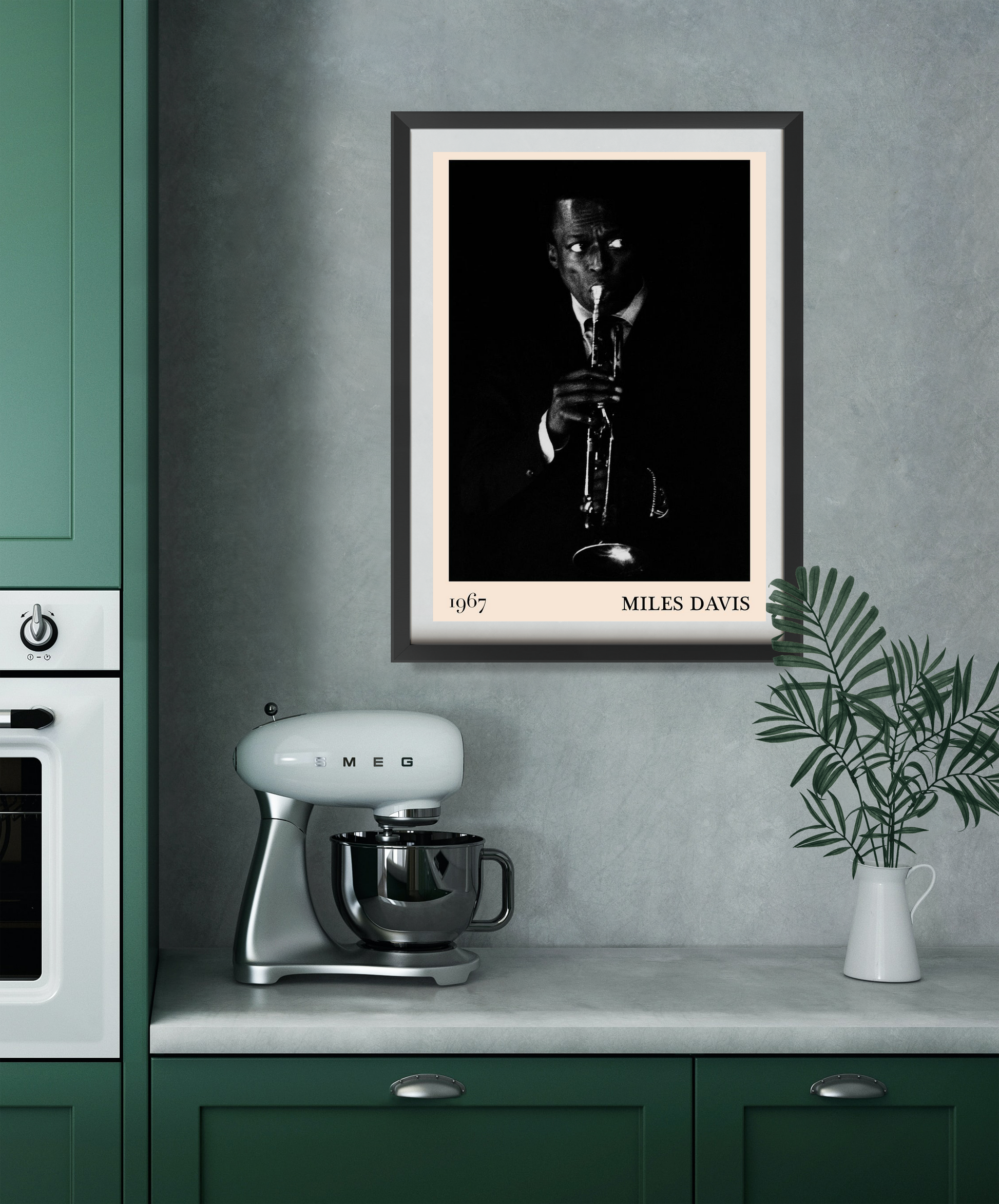 Miles Davis vintage jazz poster mockup in a modern kitchen, framed portrait 22 mount, monochrome trumpet design, 1967 text.
