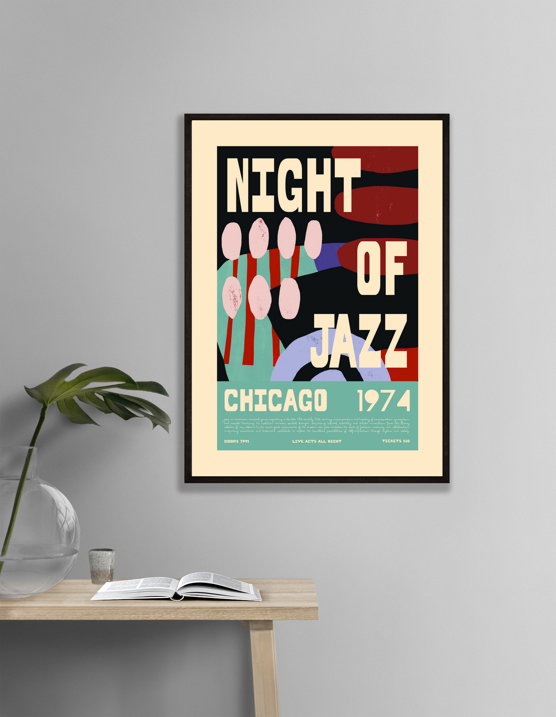 Vintage Jazz Poster – Night of Jazz Chicago 1974 Retro Wall Art Print - Mockup