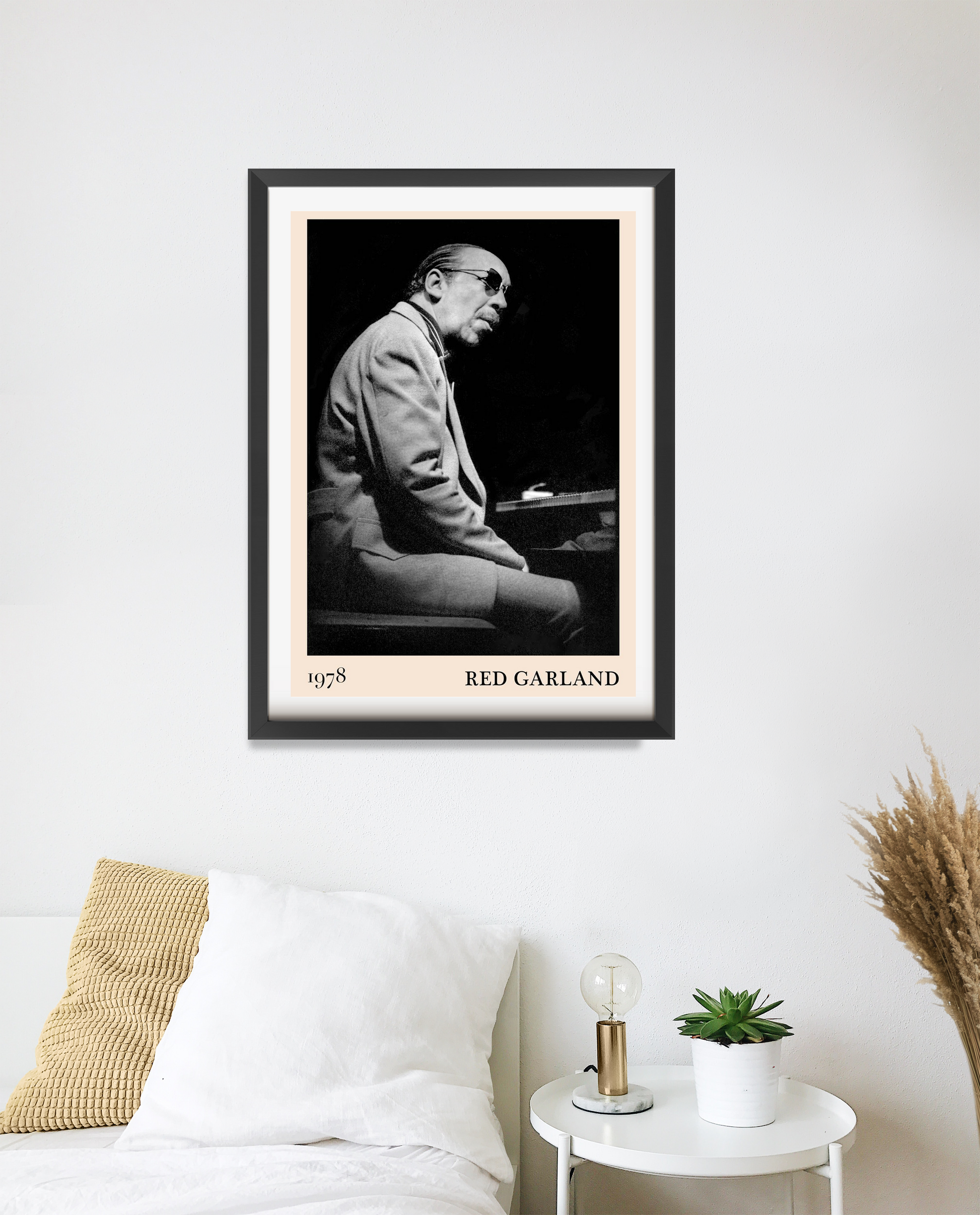 Red Garland Cool Jazz Print in portrait 20 mount mockup above a modern bed, black and white jazz pianist artwork framed.