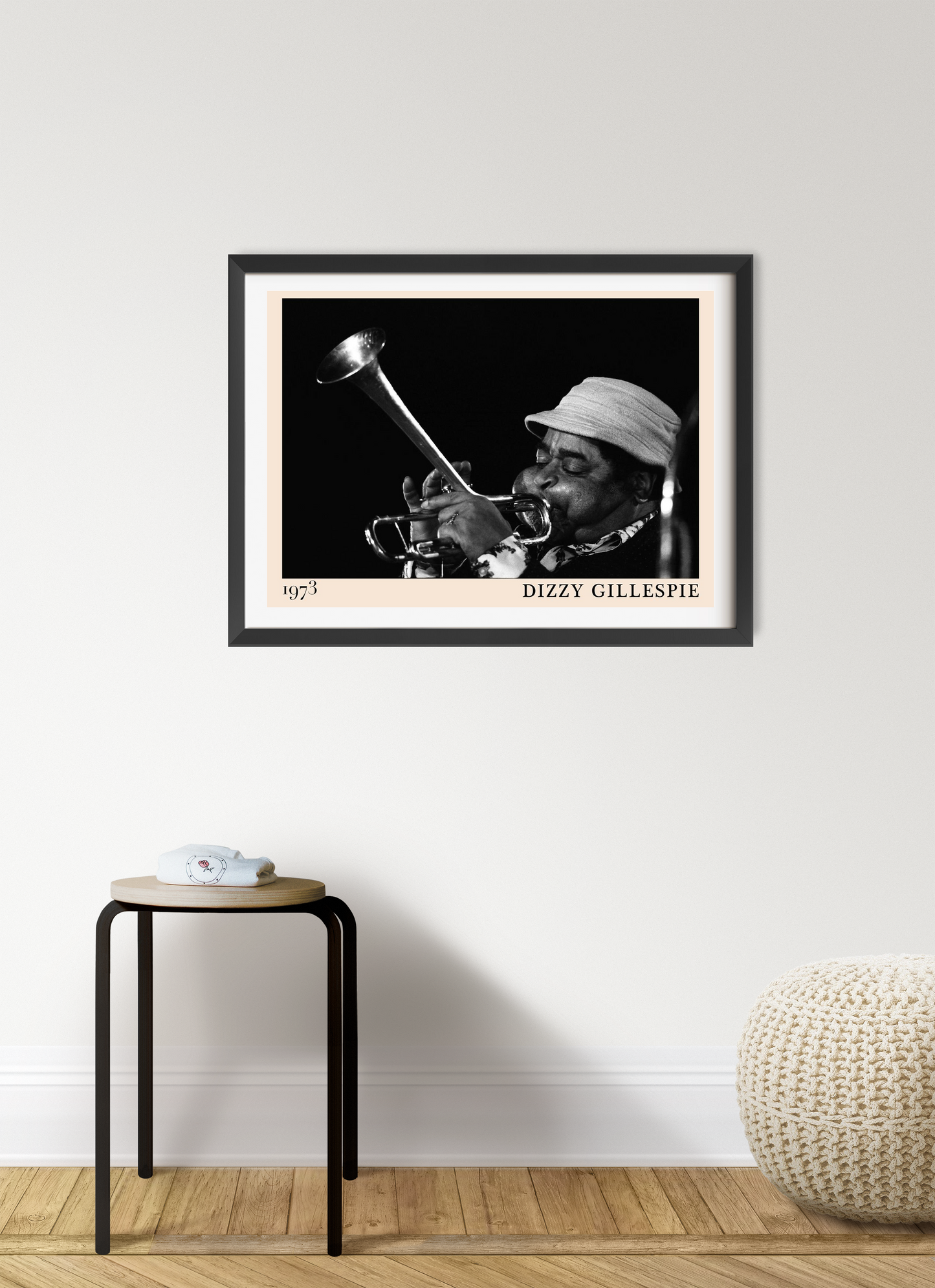 Dizzy Gillespie Jazz Concert Poster in landscape 7 mount mockup, black and white trumpet design on neutral wall display.