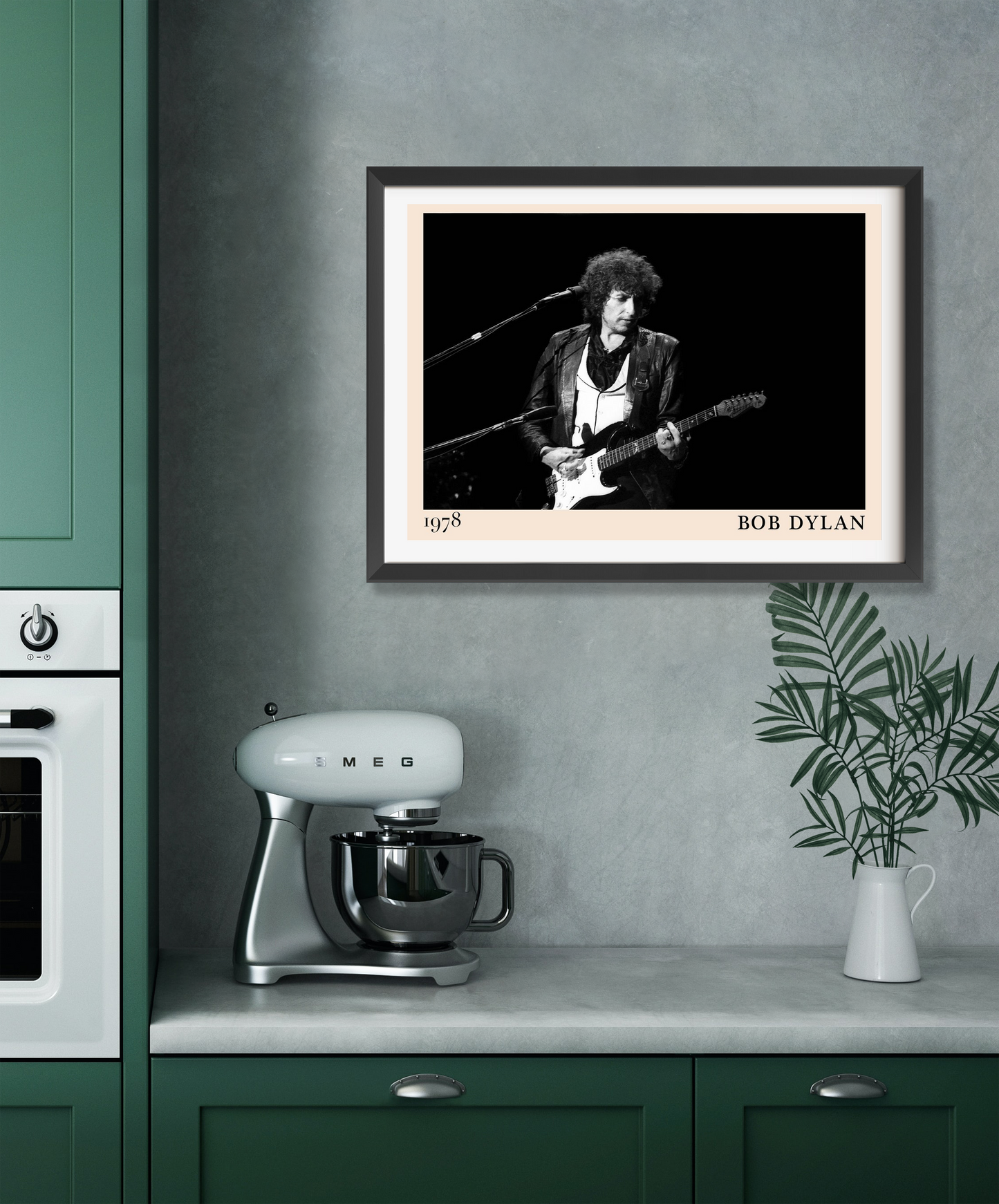 Bob Dylan Folk Concert Poster in landscape 22 mount mockup, black and white design framed above green kitchen counter.