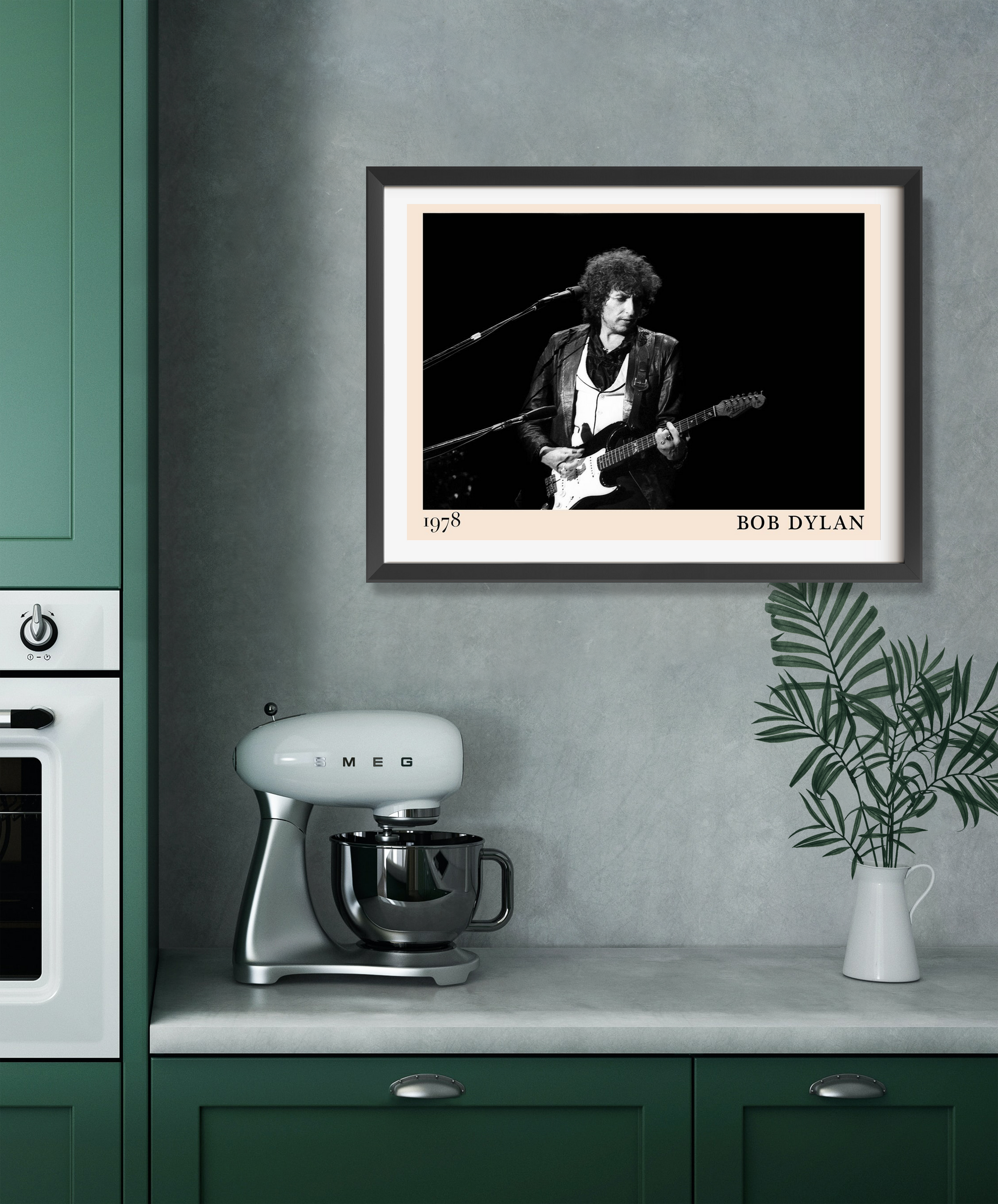 Bob Dylan Folk Concert Poster in landscape 22 mount mockup, black and white design framed above green kitchen counter.