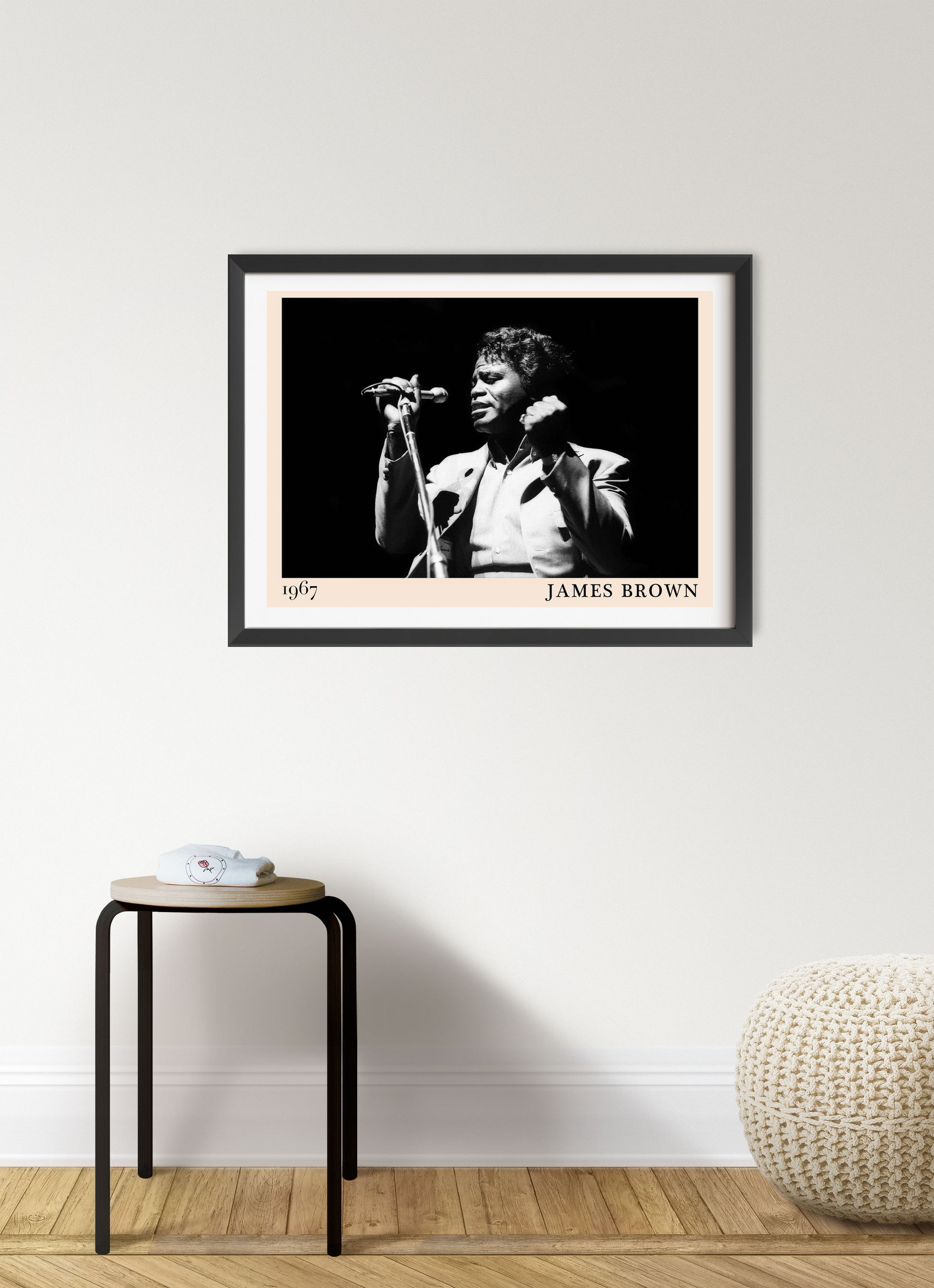 James Brown Retro Soul Poster in landscape frame, black and white 1967 concert photo, styled in modern living room mockup.