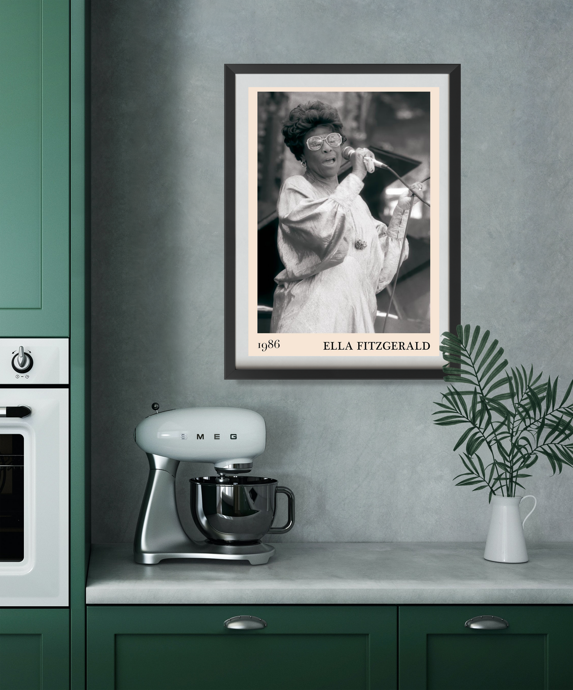 Ella Fitzgerald Retro Jazz Print in Portrait 22 Mount mockup, black and white design above green kitchen counter decor.