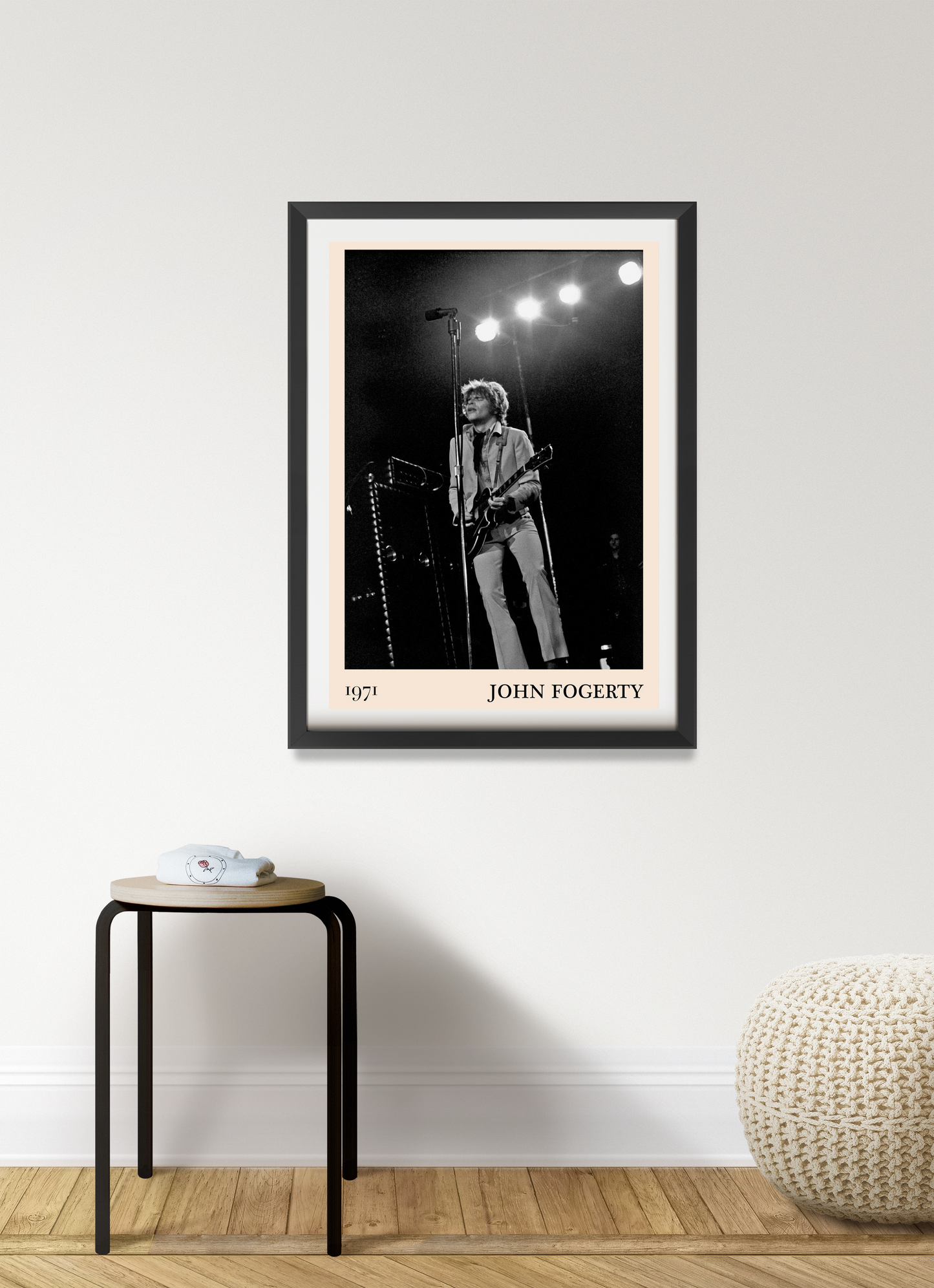 John Fogerty Retro Rock Poster in portrait 7 mount mockup, black and white concert photo framed on modern wall display.