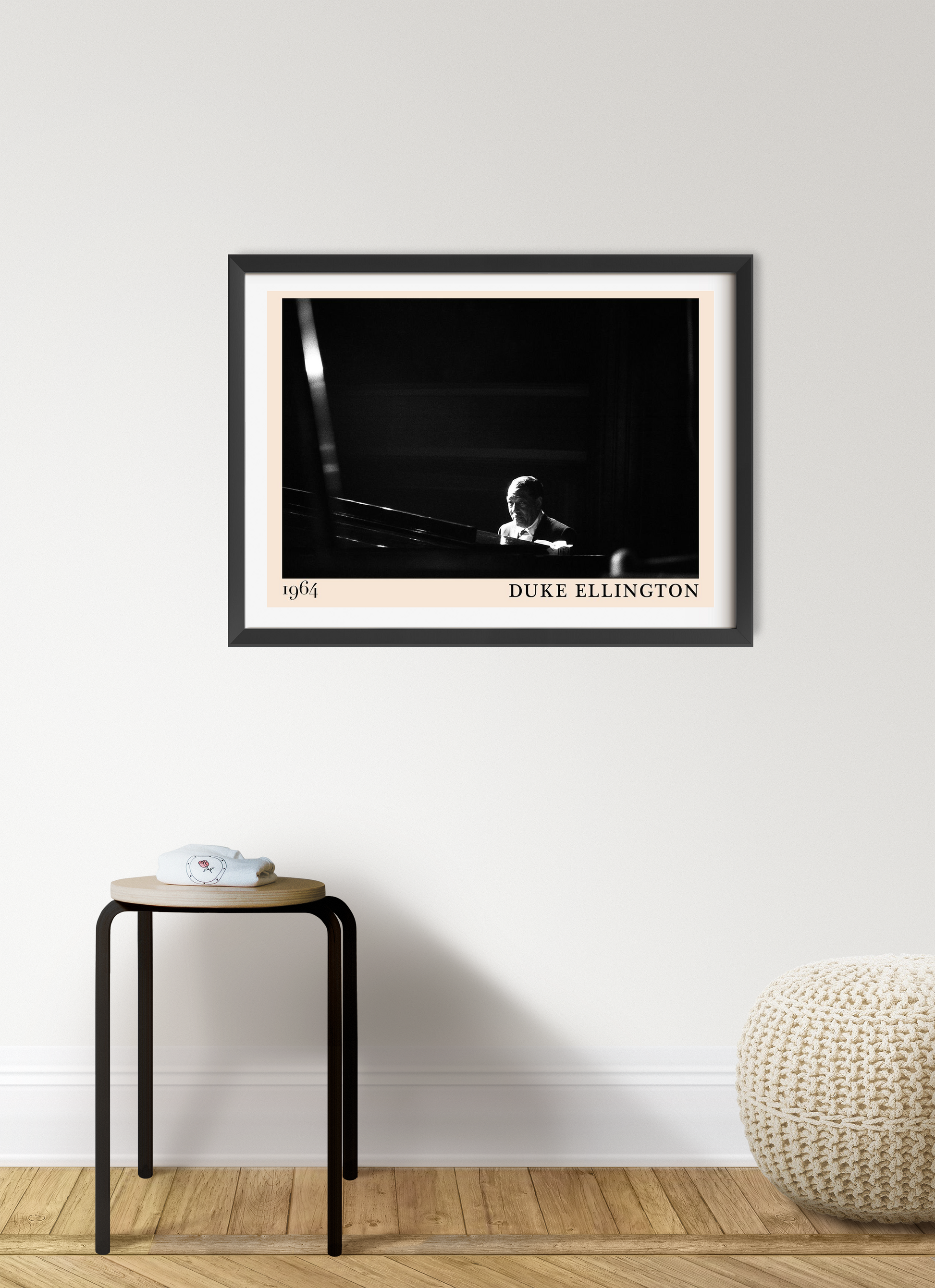 Duke Ellington Jazz Poster in landscape 7 mount mockup, black and white piano portrait framed on modern living room wall.