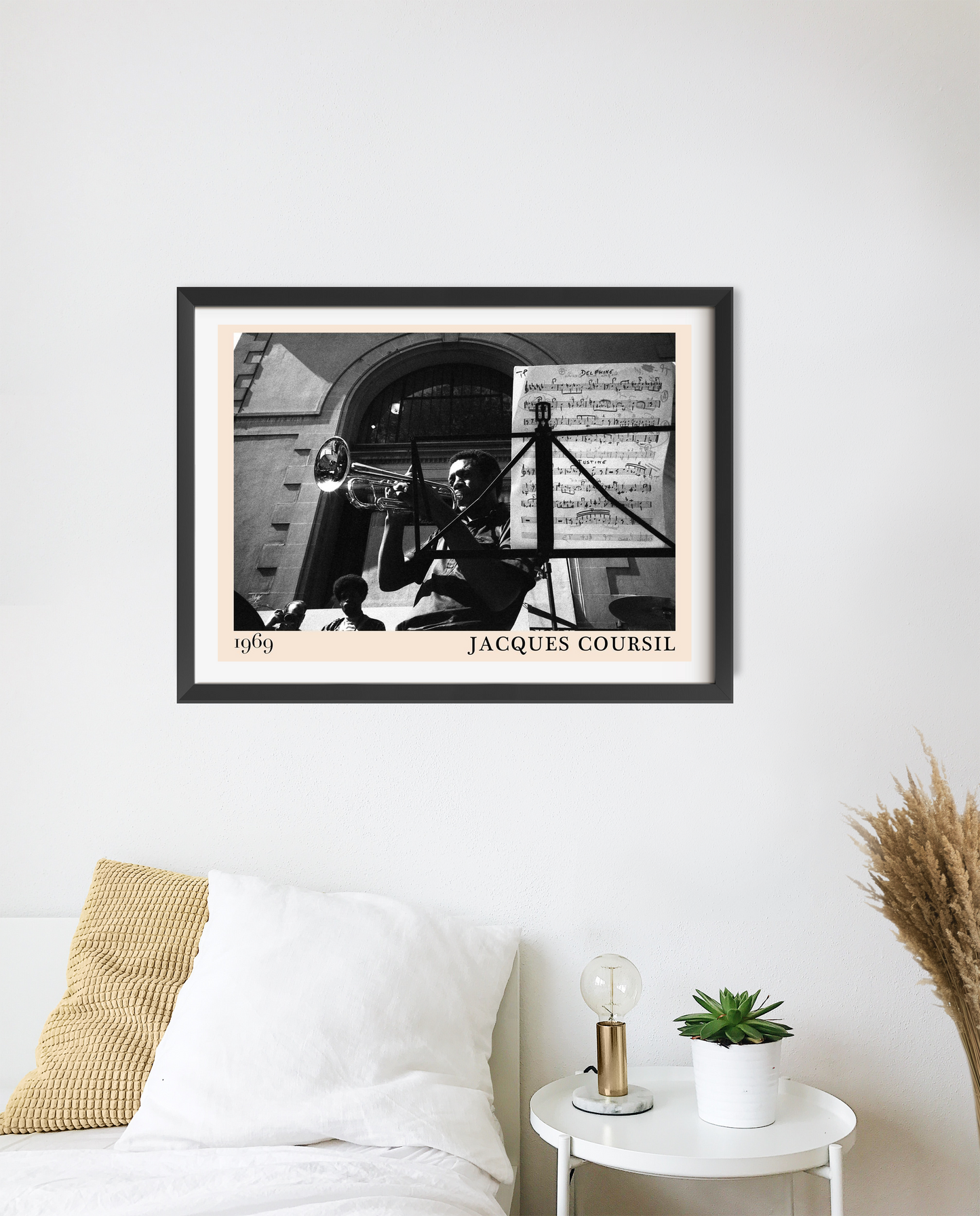 Jacques Coursil Vintage Jazz Poster in landscape 20 mount mockup, black and white jazz scene above modern bed decor.