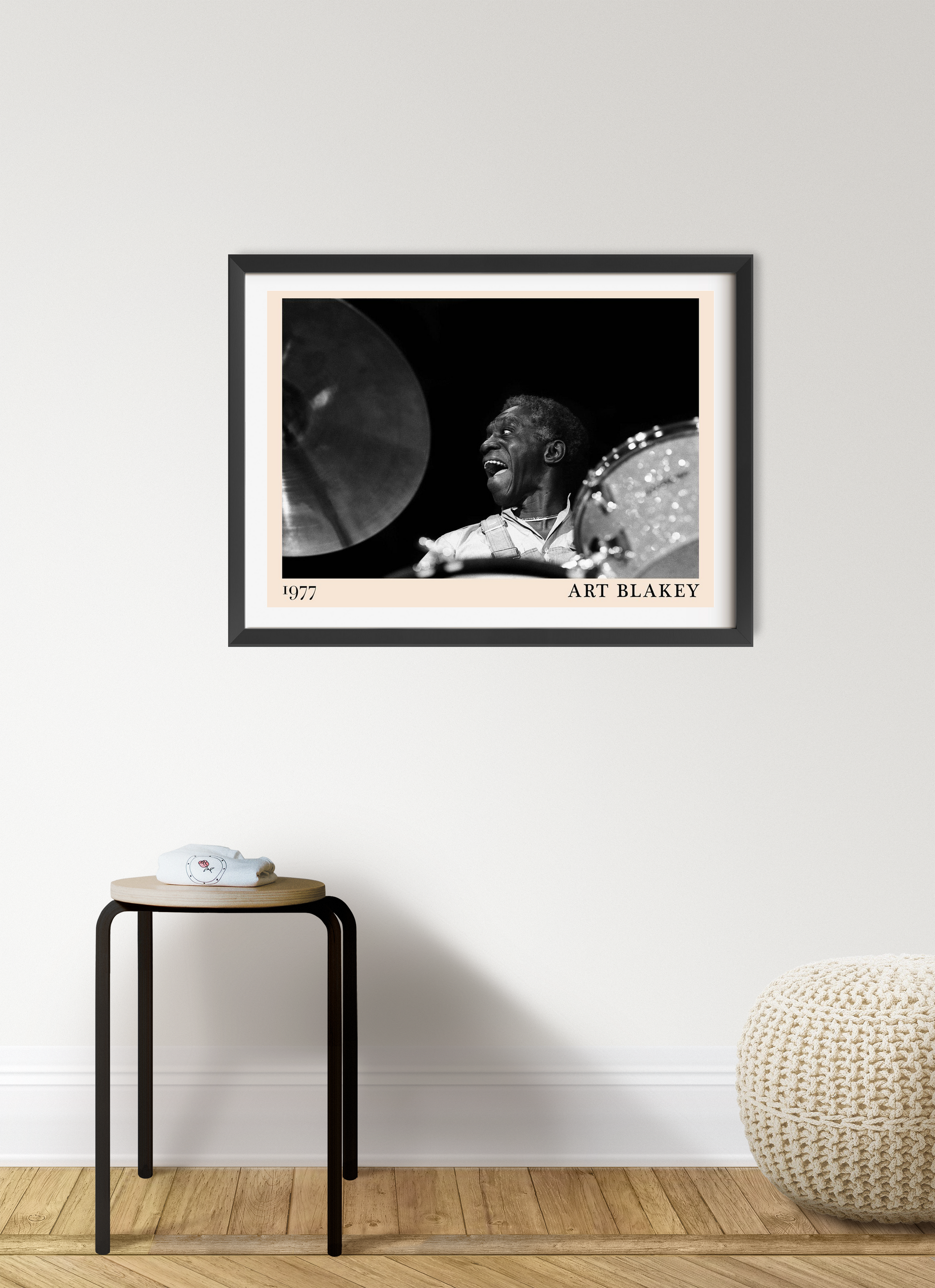 Art Blakey vintage jazz poster in a landscape 7 mount mockup, black and white drummer photo framed on modern wall.