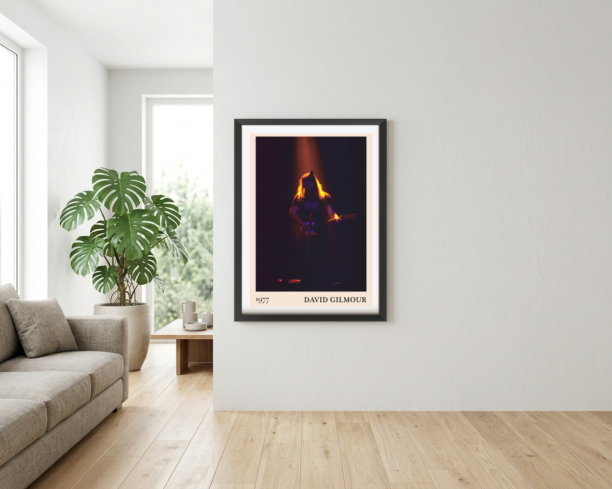 David Gilmour 1977 framed print hanging on a white living room wall, showing a dramatic stage concert photo with warm