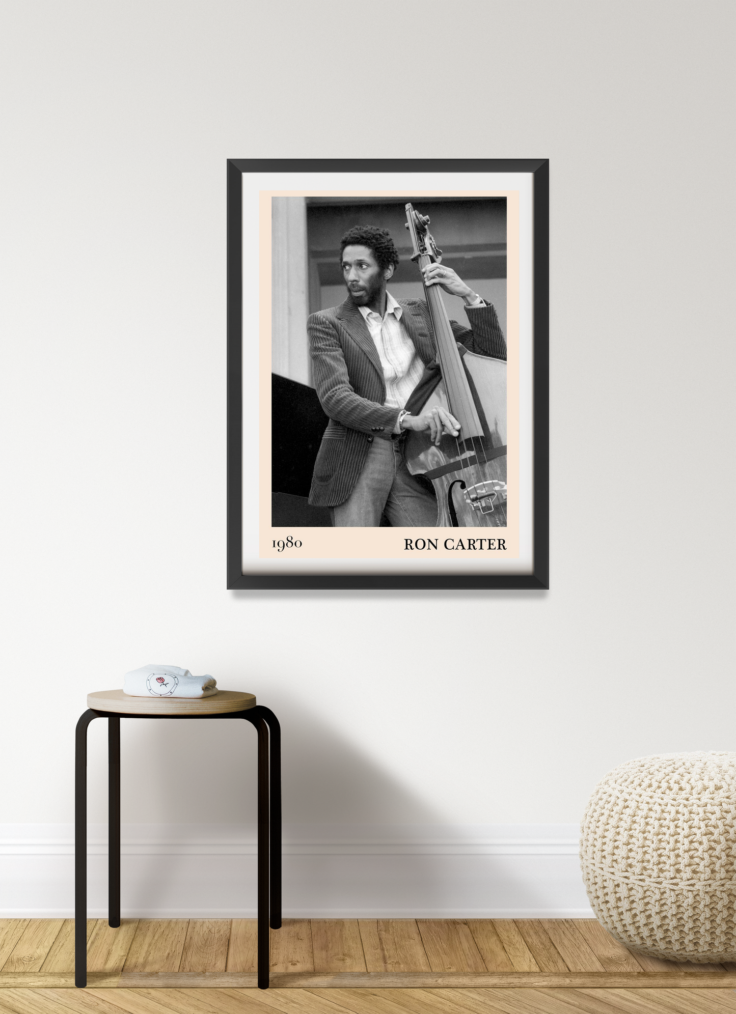 Ron Carter Cool Jazz Print in portrait 7 mount mockup, black frame on minimalist wall, vintage jazz musician design.