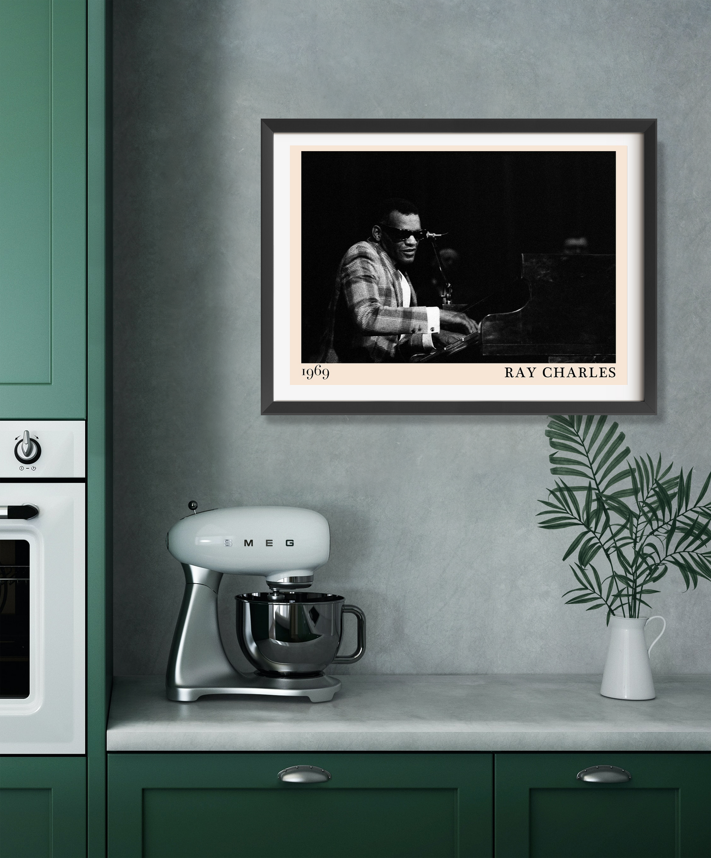 Ray Charles Jazz Concert Poster in landscape mount mockup, framed on a kitchen wall above a mixer and modern green cabinets