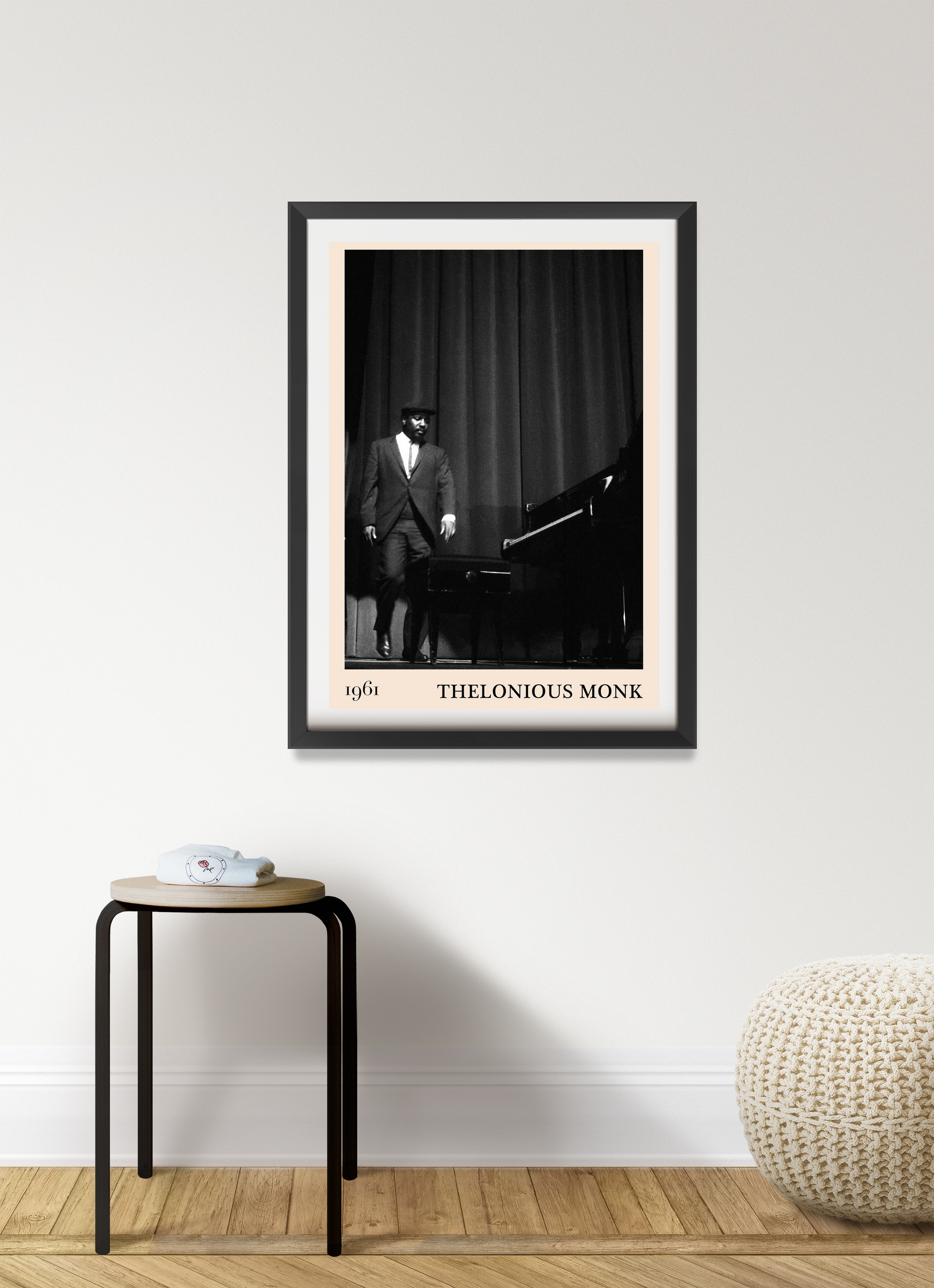 Thelonious Retro Jazz Poster in black frame on portrait 7 mount, features vintage stage scene, styled in modern room decor.