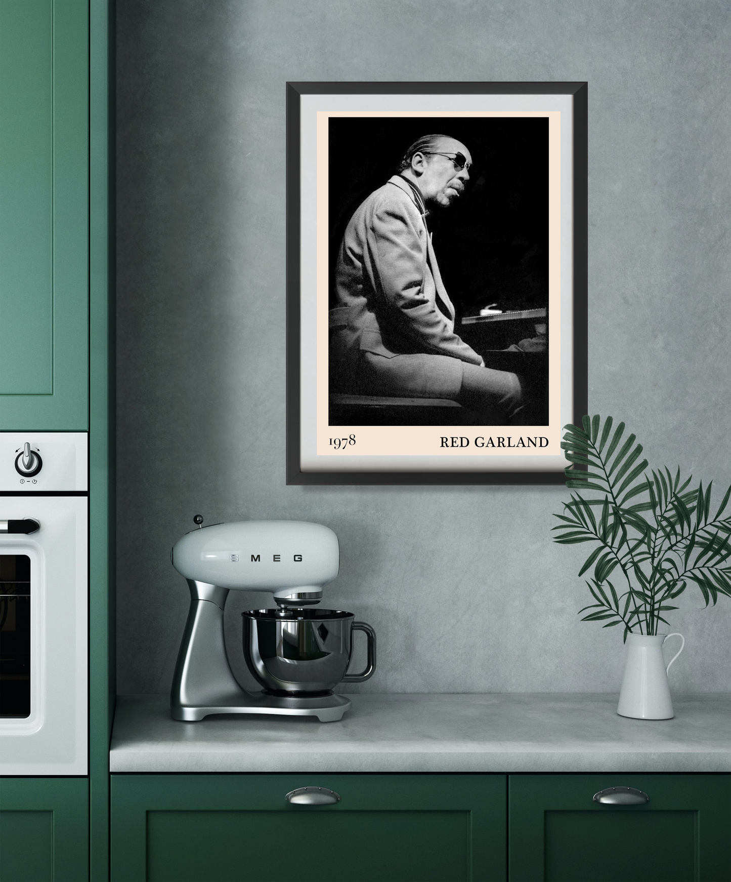 Red Garland Cool Jazz Print in a black frame displayed on a kitchen wall, featuring a vintage 1978 jazz portrait design.