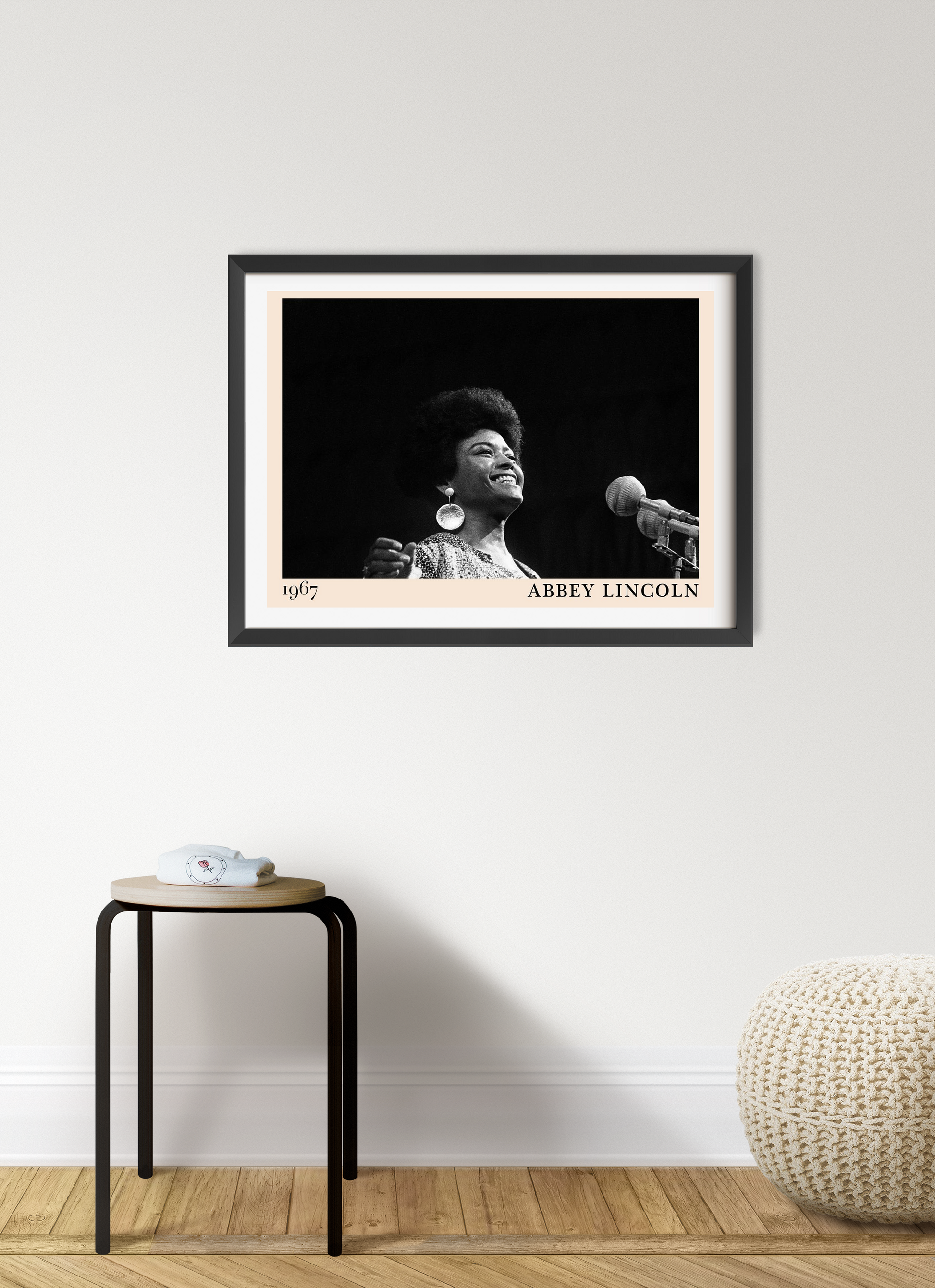 Abbey Lincoln Retro Jazz Poster in landscape 7 mount mockup, black and white portrait framed on modern wall decor.